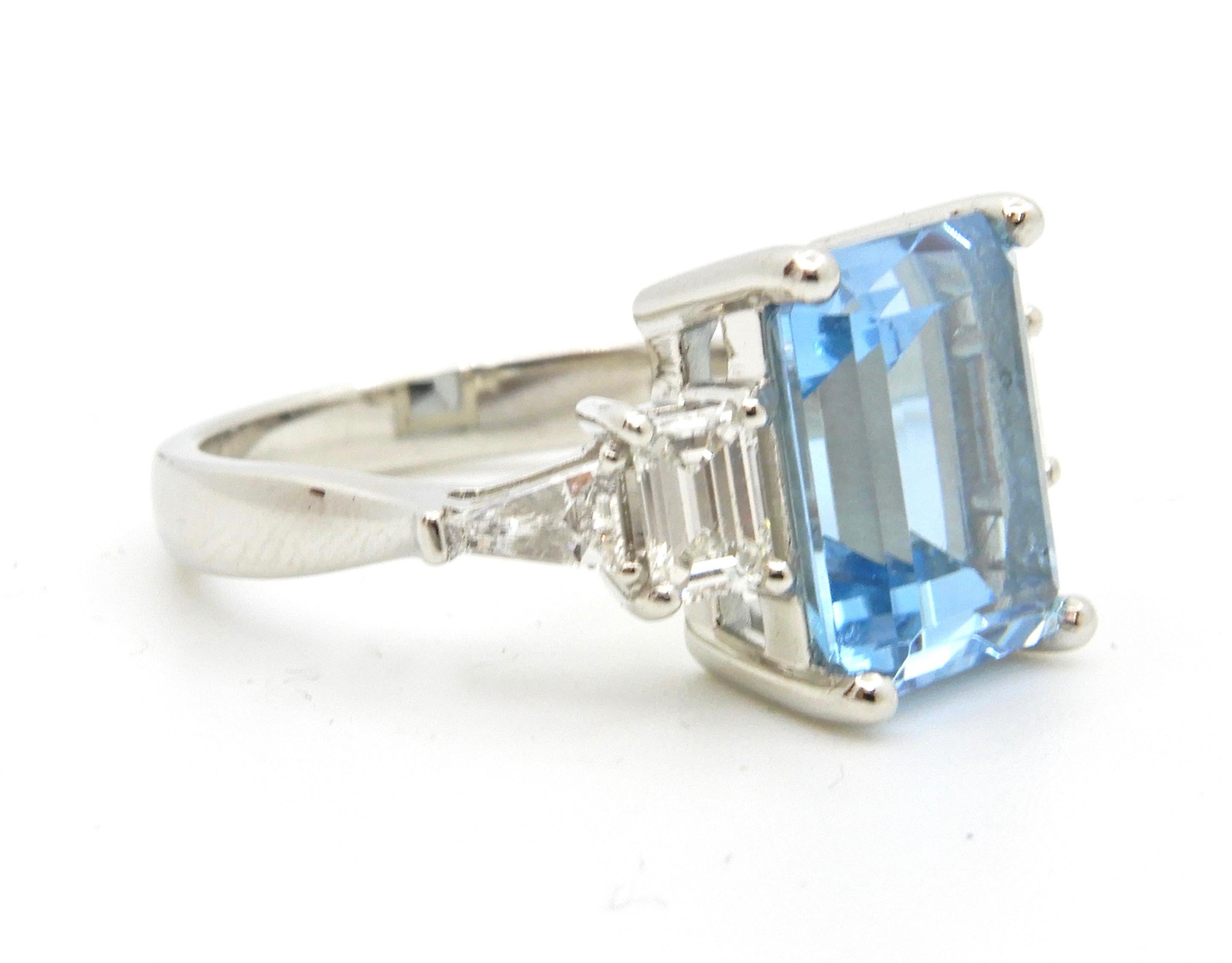 Women's 4.13 Carat Emerald Cut Aquamarine and Diamond Platinum Engagement Ring