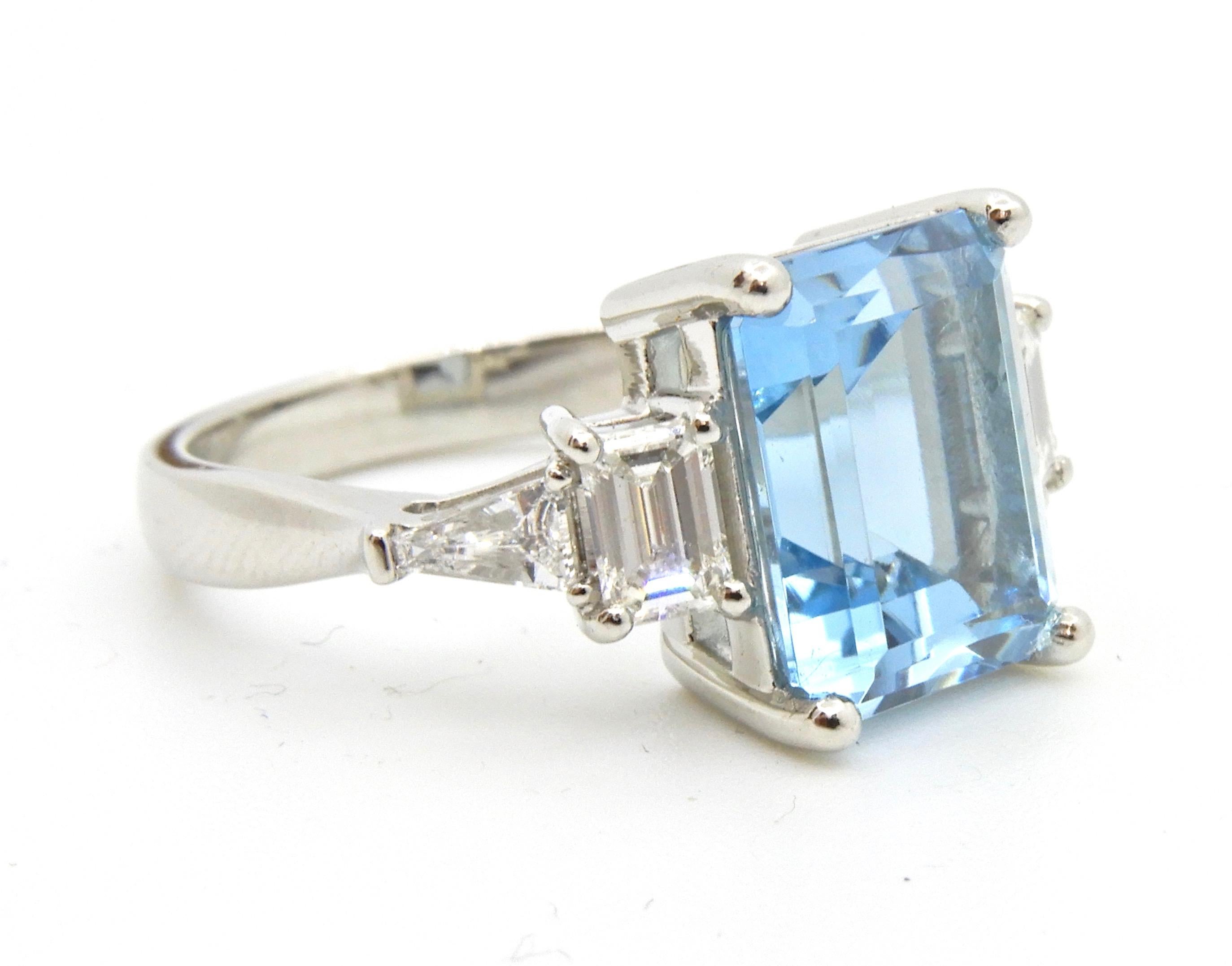 4.13 Carat Emerald Cut Aquamarine and Diamond Platinum Engagement Ring 1