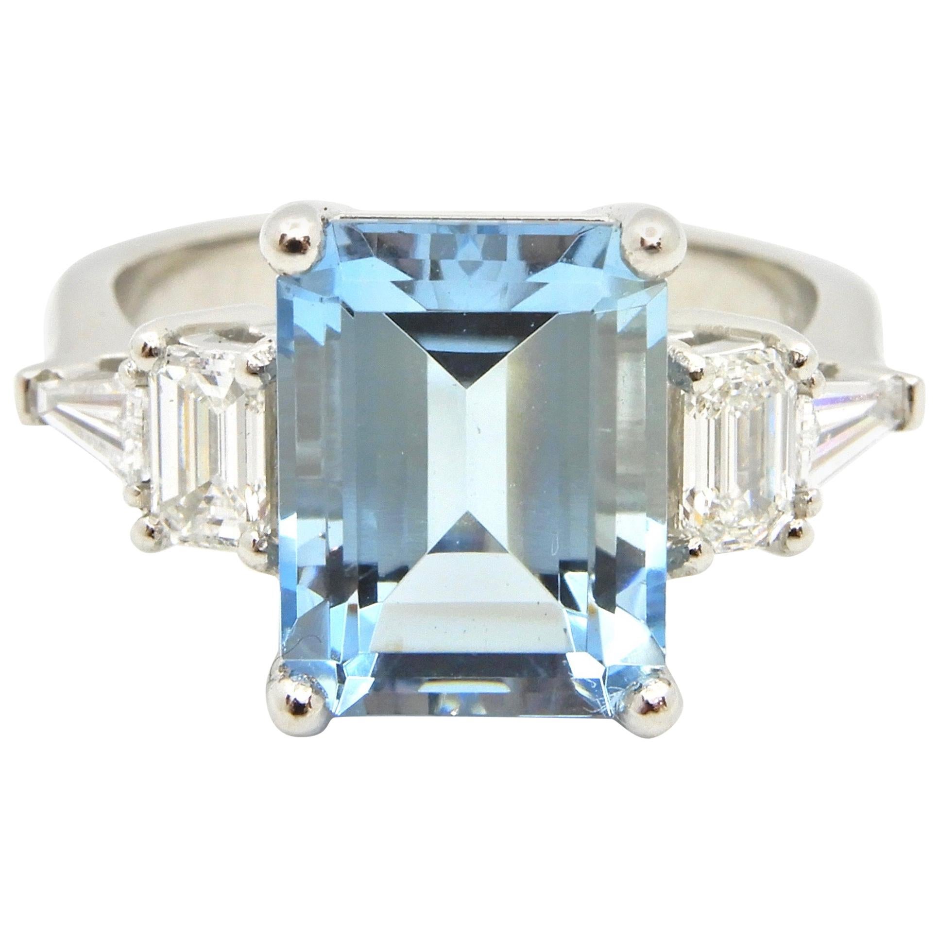 4.13 Carat Emerald Cut Aquamarine and Diamond Platinum Engagement Ring