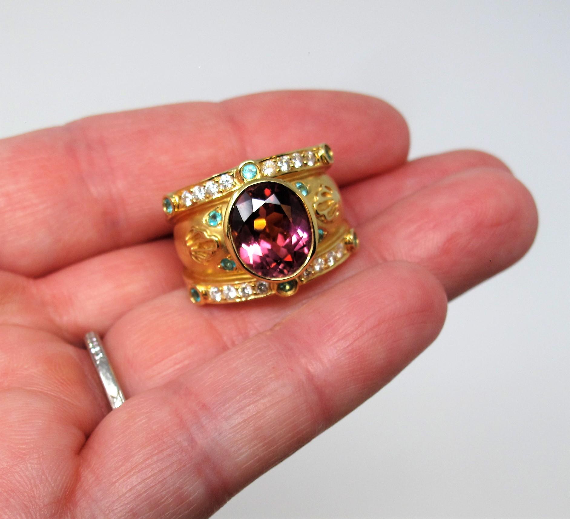 Judy Mayfield Etruscan Style 18K Gold Cigar Band Ring Pink and Green Tourmaline  1