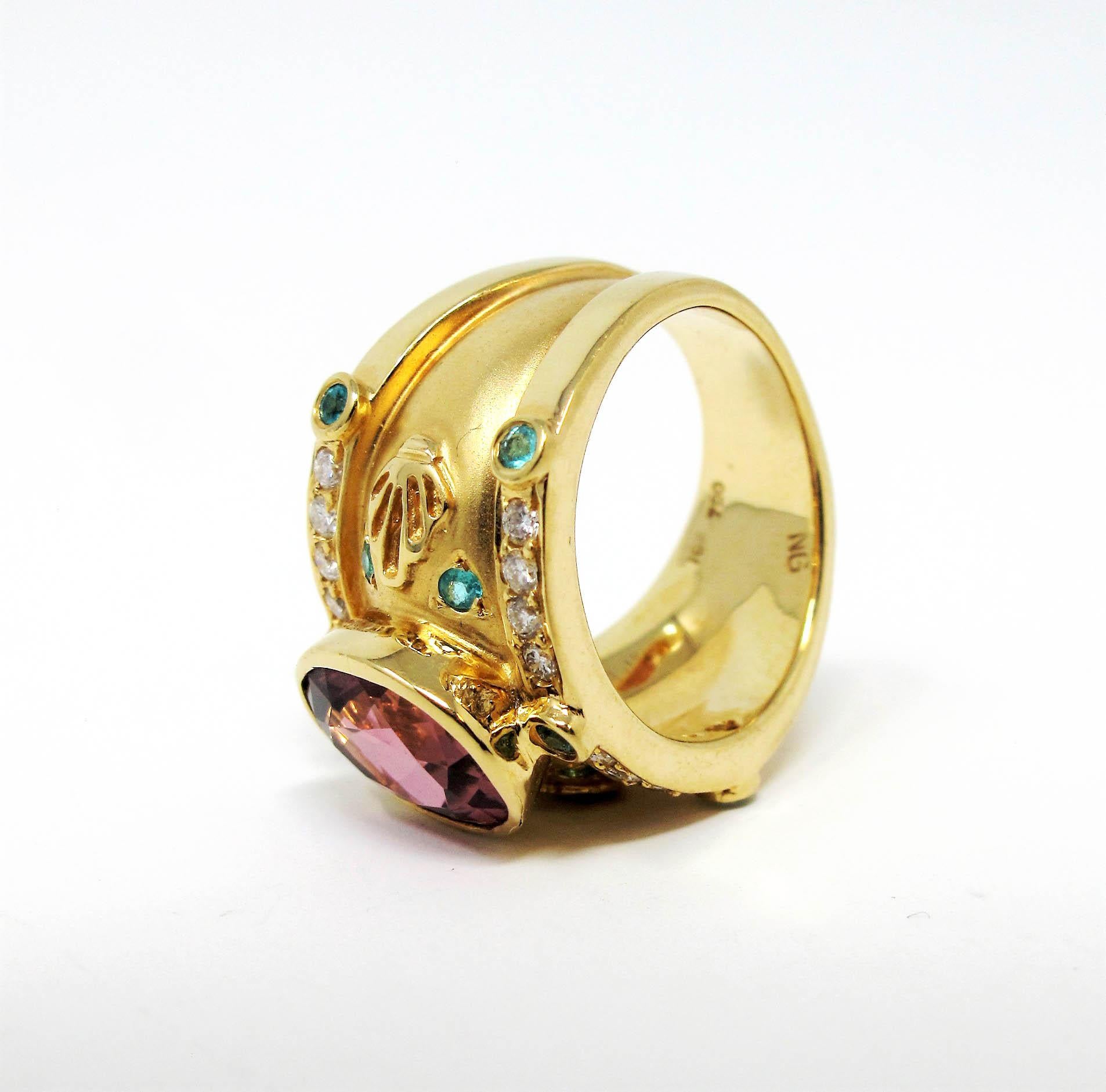 Judy Mayfield Etruscan Style 18K Gold Cigar Band Ring Pink and Green ...