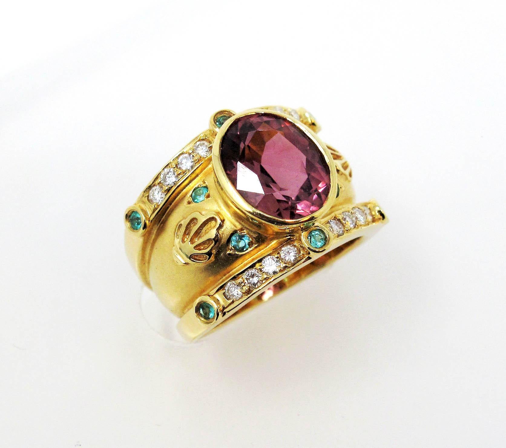 Etruscan Revival Judy Mayfield Etruscan Style 18K Gold Cigar Band Ring Pink and Green Tourmaline 