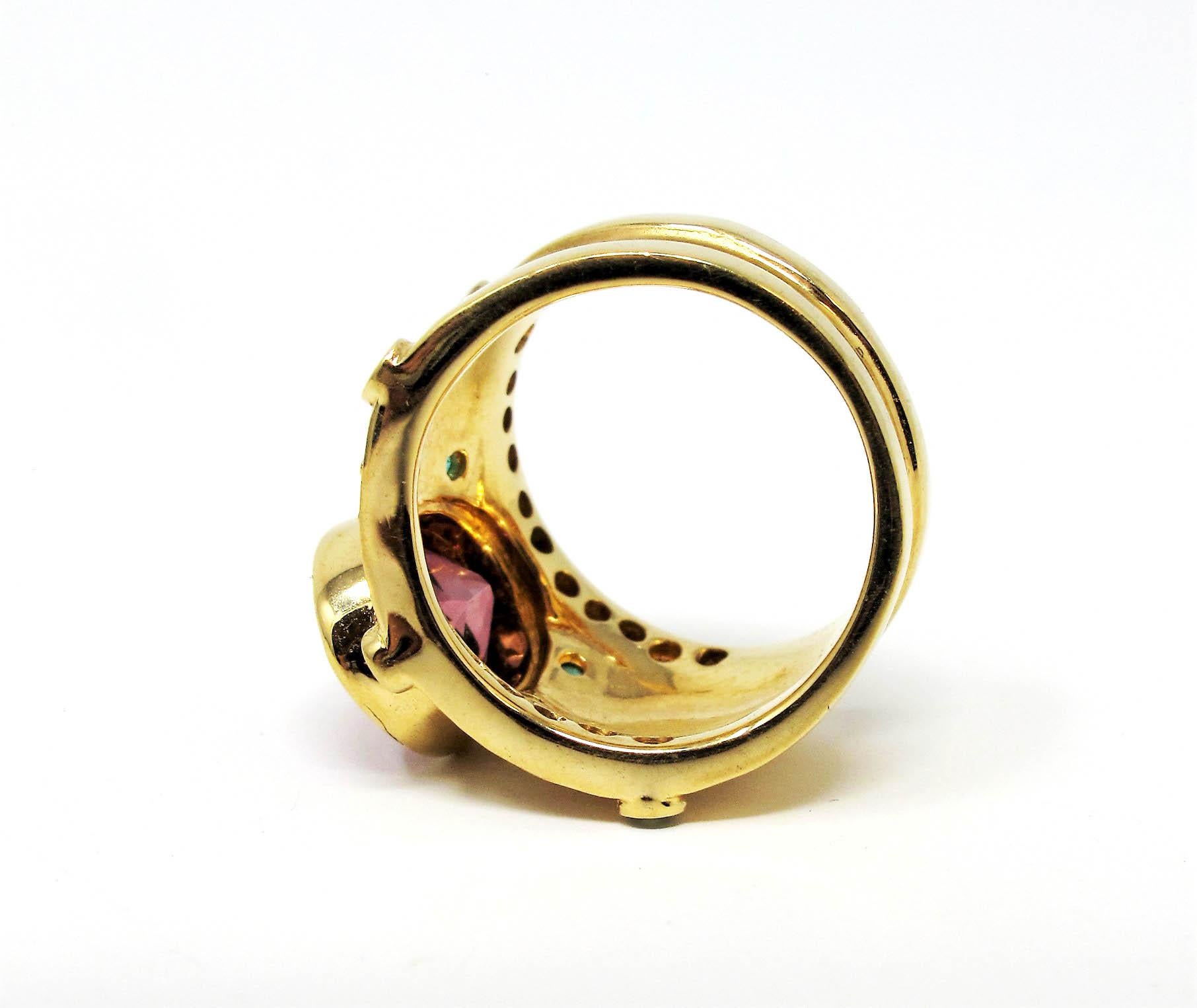 Oval Cut Judy Mayfield Etruscan Style 18K Gold Cigar Band Ring Pink and Green Tourmaline
