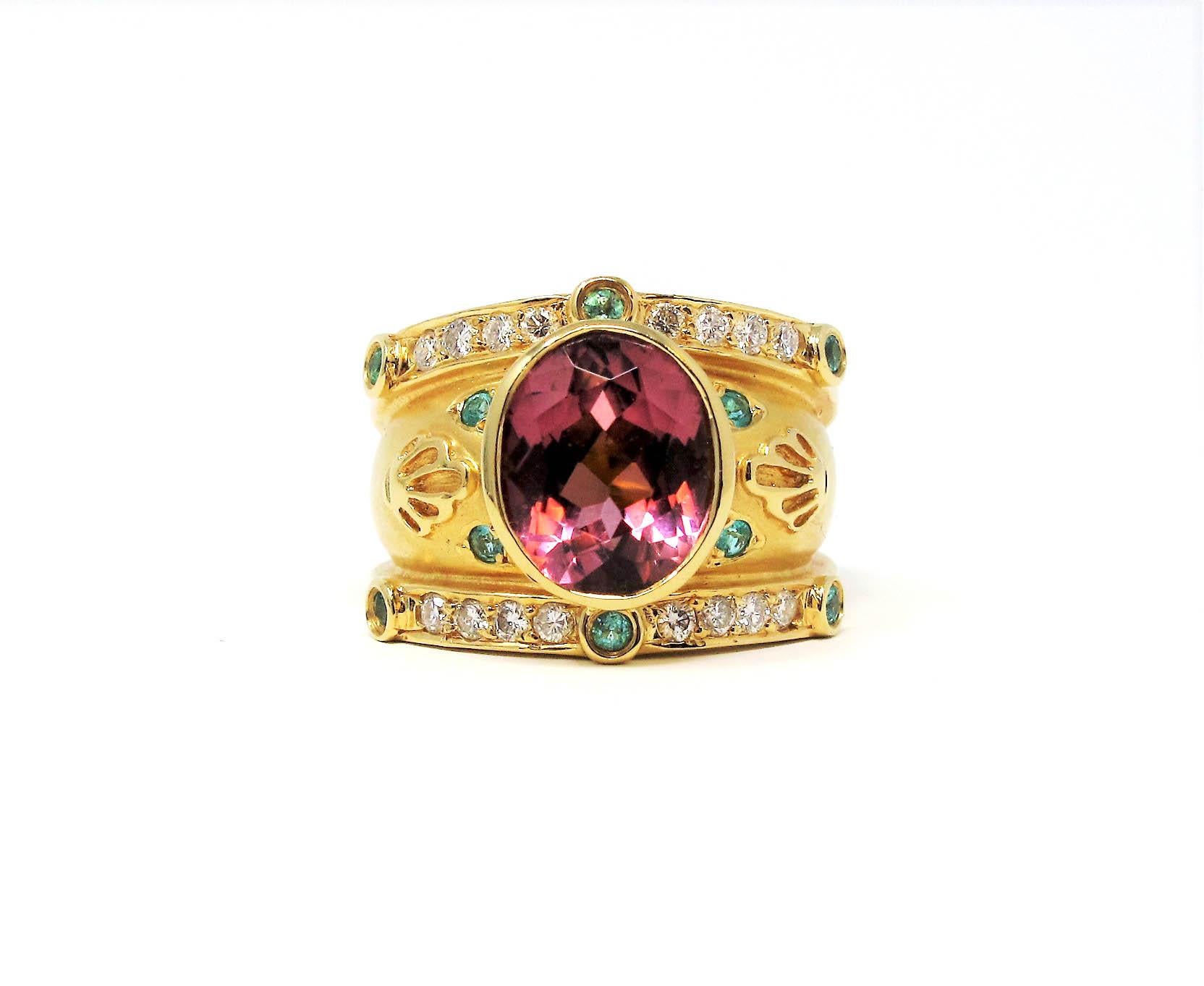 Women's Judy Mayfield Etruscan Style 18K Gold Cigar Band Ring Pink and Green Tourmaline 