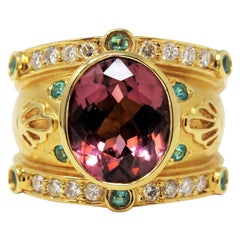 Vintage Judy Mayfield Etruscan Style 18K Gold Cigar Band Ring Pink and Green Tourmaline 