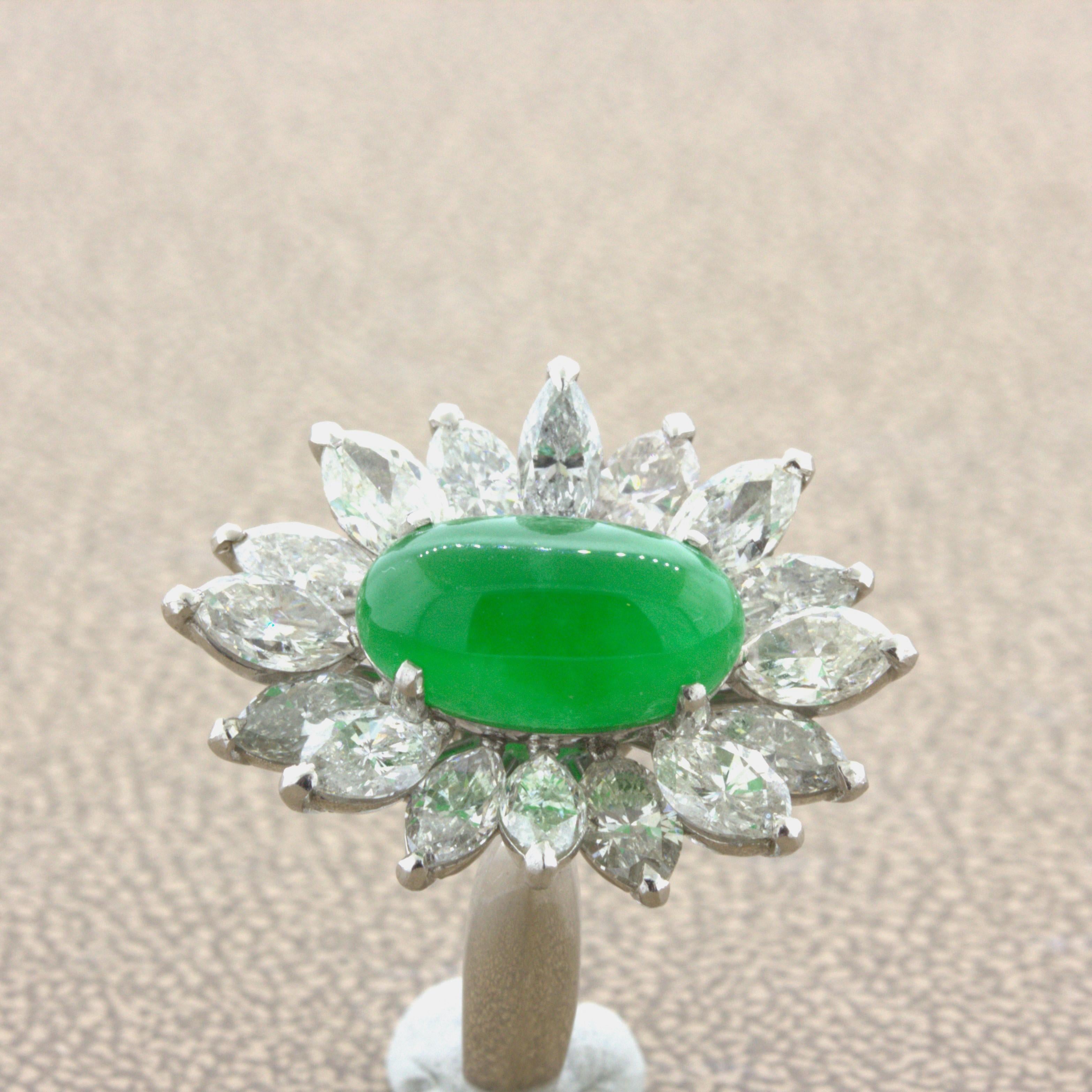 4.13 Carat Jadeite Jade Diamond Sunburst Platinum Ring, GIA Certified “Type A” For Sale 5