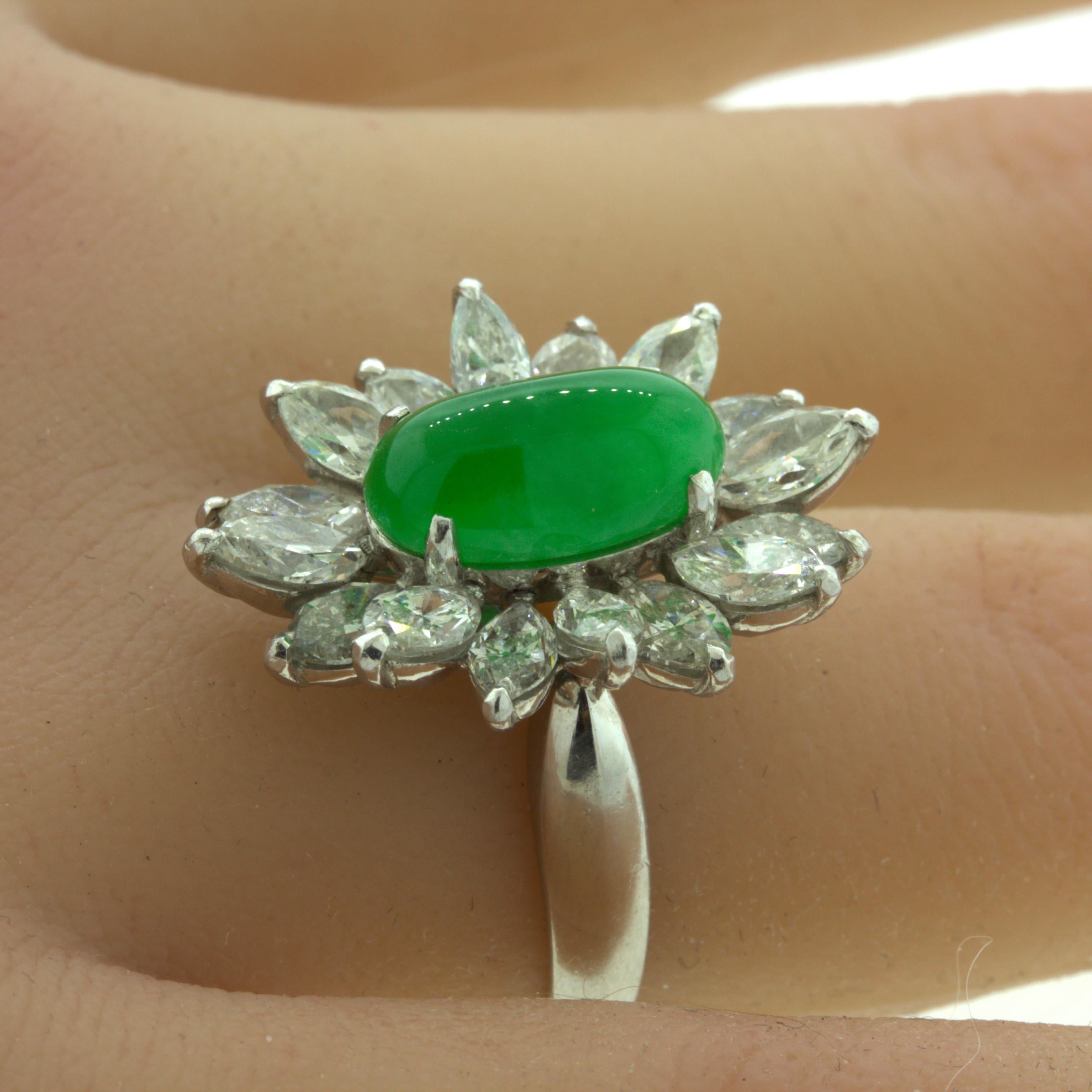 4.13 Carat Jadeite Jade Diamond Sunburst Platinum Ring, GIA Certified “Type A” For Sale 6