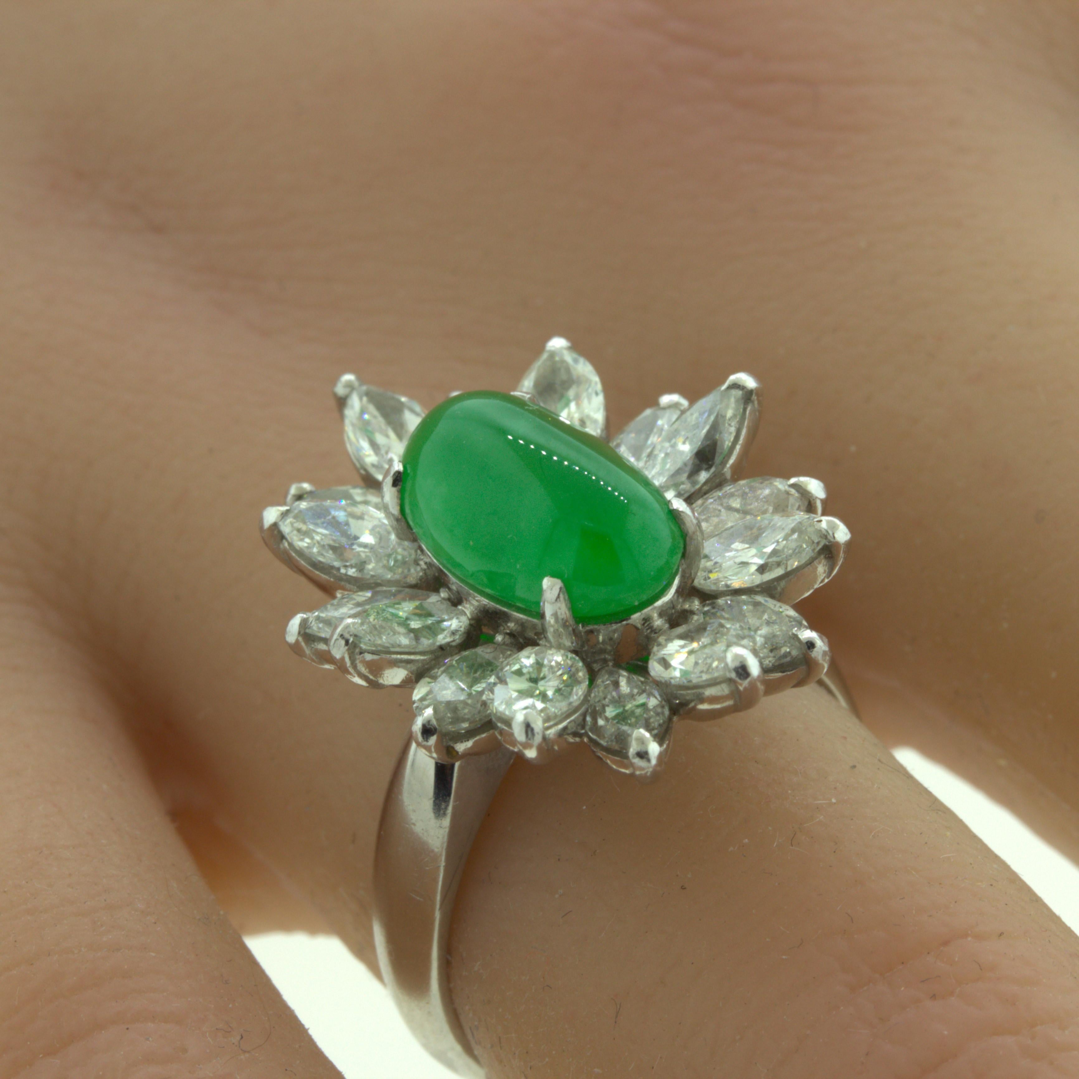 4.13 Carat Jadeite Jade Diamond Sunburst Platinum Ring, GIA Certified “Type A” For Sale 7