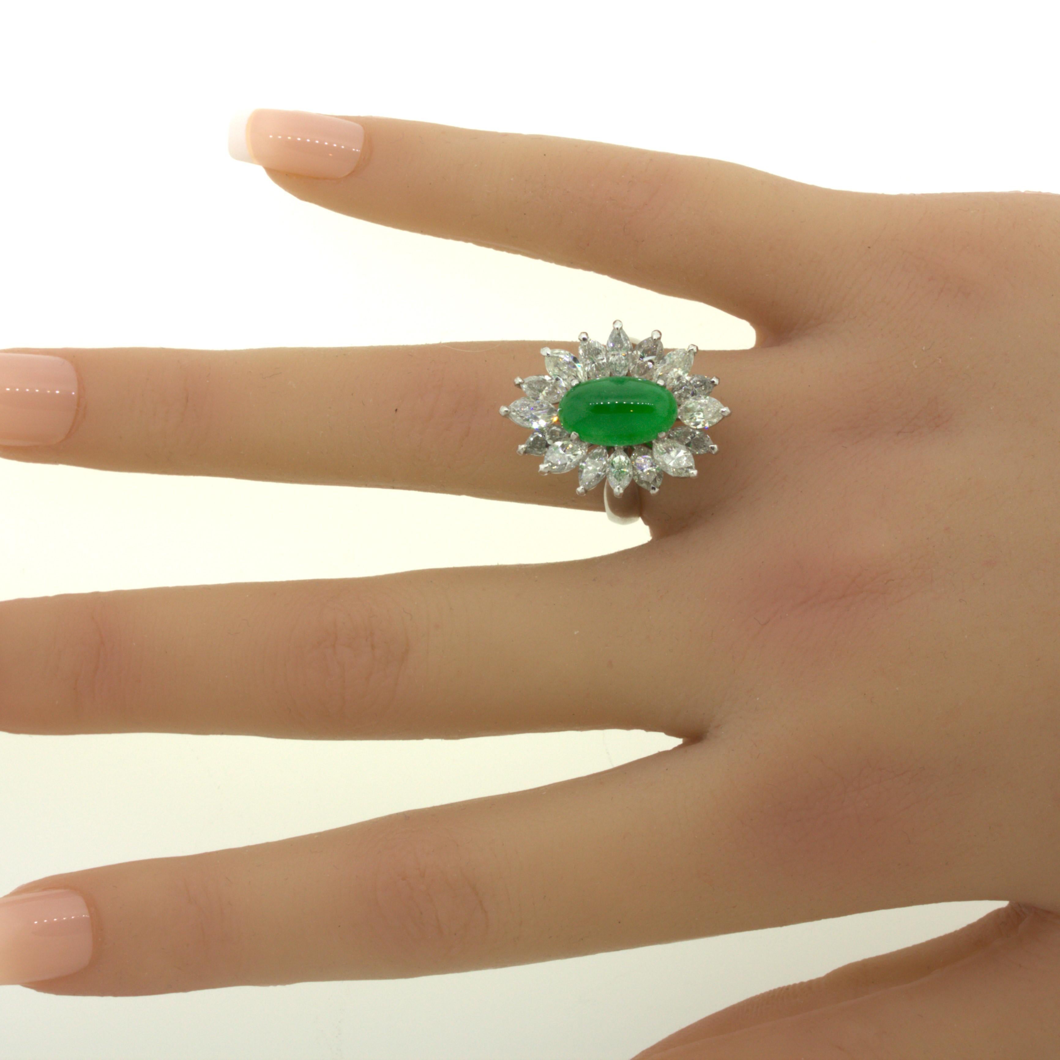 4.13 Carat Jadeite Jade Diamond Sunburst Platinum Ring, GIA Certified “Type A” For Sale 8