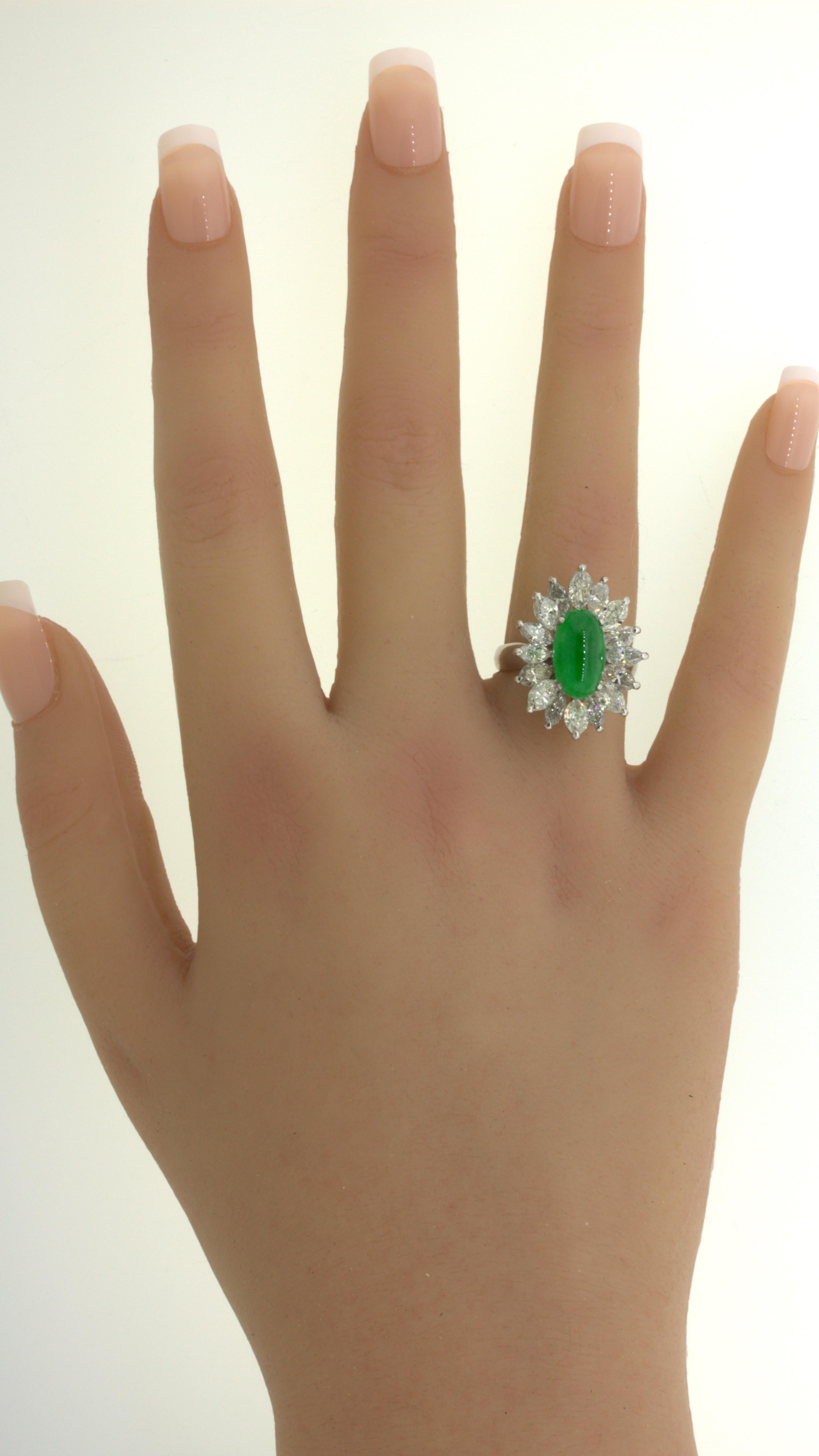4.13 Carat Jadeite Jade Diamond Sunburst Platinum Ring, GIA Certified “Type A” For Sale 9
