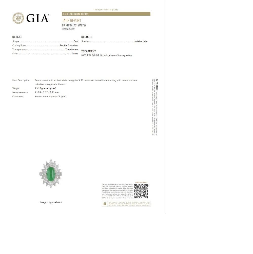 4.13 Carat Jadeite Jade Diamond Sunburst Platinum Ring, GIA Certified “Type A” For Sale 10