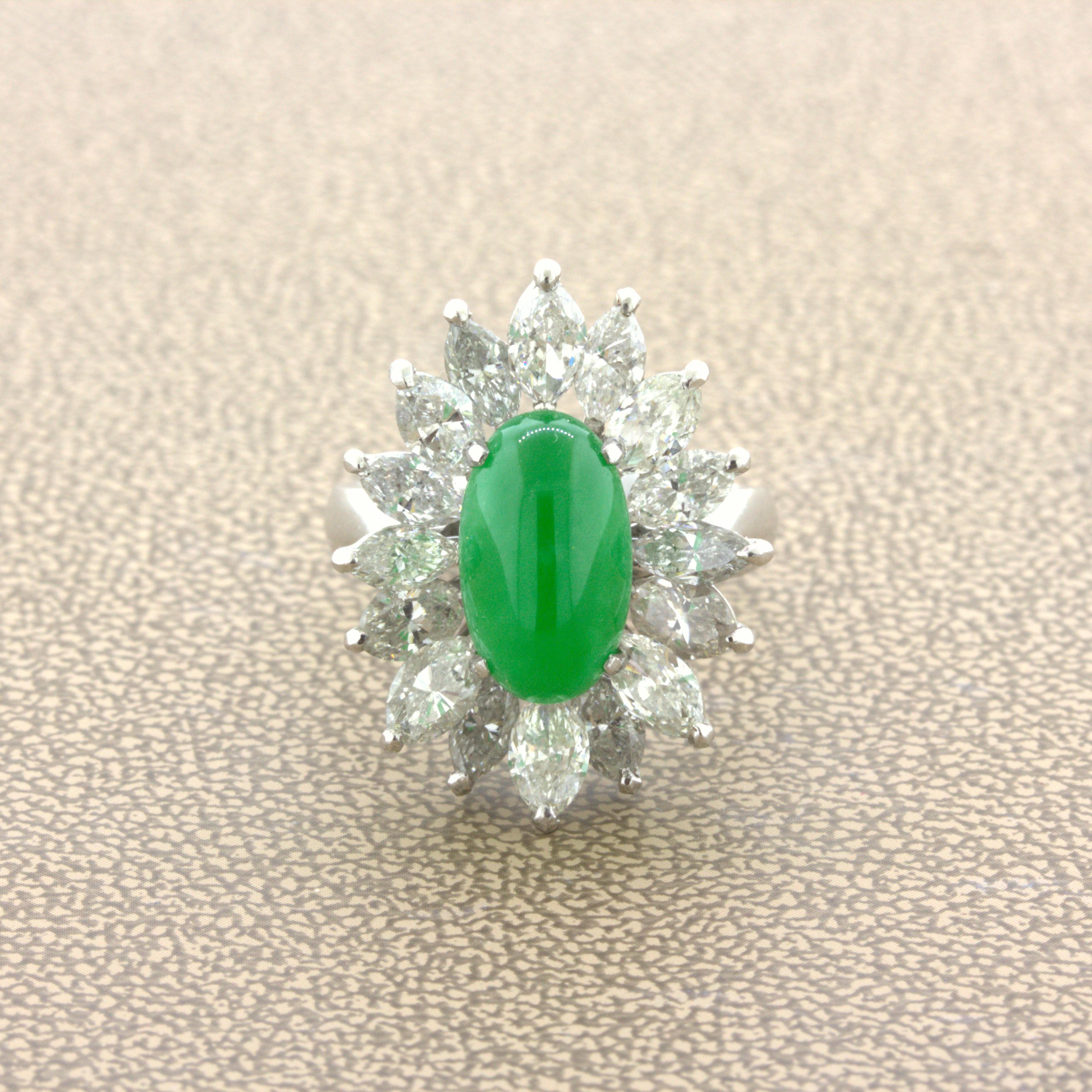 A very fine natural piece of jadeite jade certified by the GIA as “Type A.” It weighs 4.13 carats and has the ideal vivid green color, along with a strong luster that makes the stone appear to glow in the light. Additionally, the jade is free of any