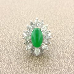 4.13 Carat Jadeite Jade Diamond Sunburst Platinum Ring, GIA Certified “Type A”
