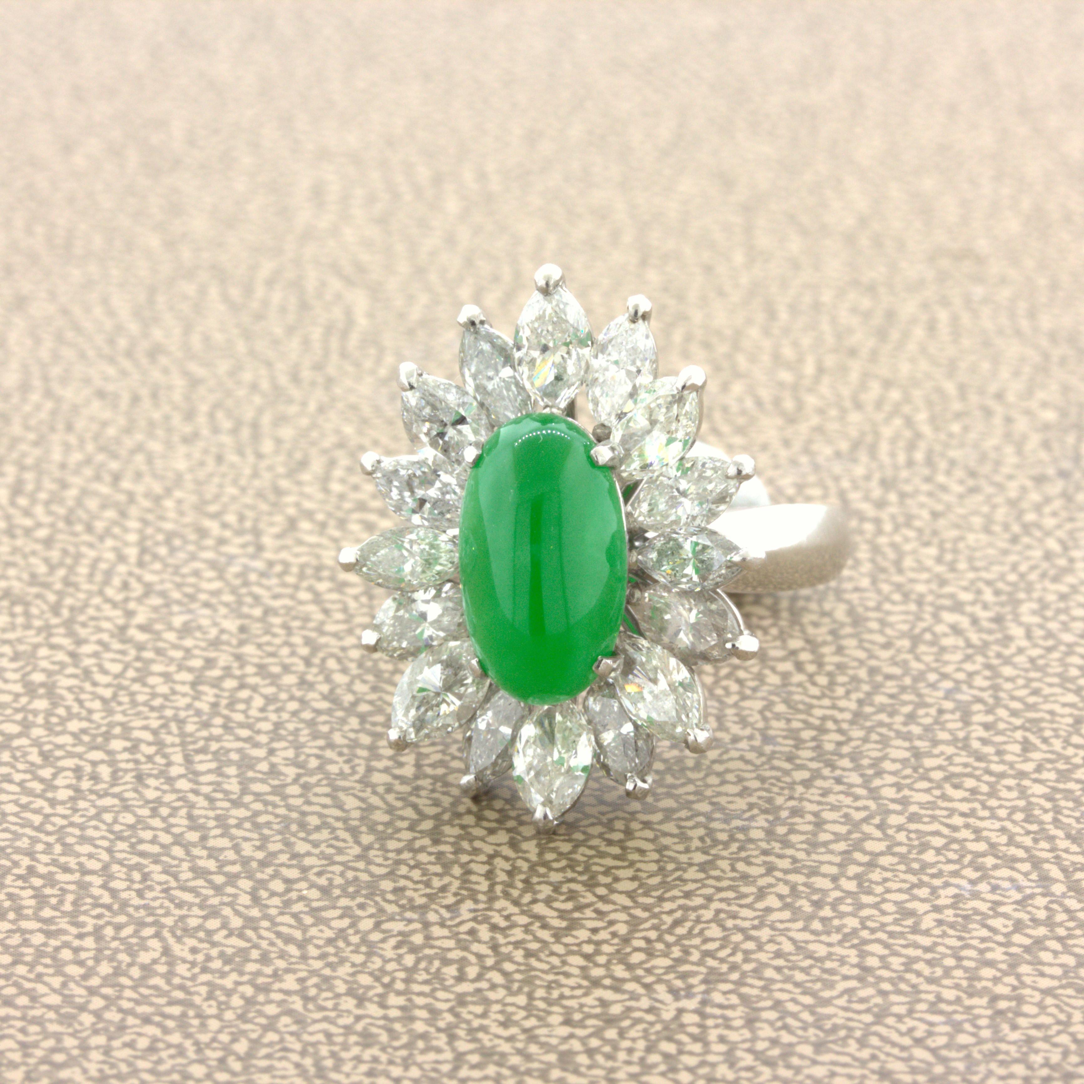 Cabochon 4.13 Carat Jadeite Jade Diamond Sunburst Platinum Ring, GIA Certified “Type A” For Sale
