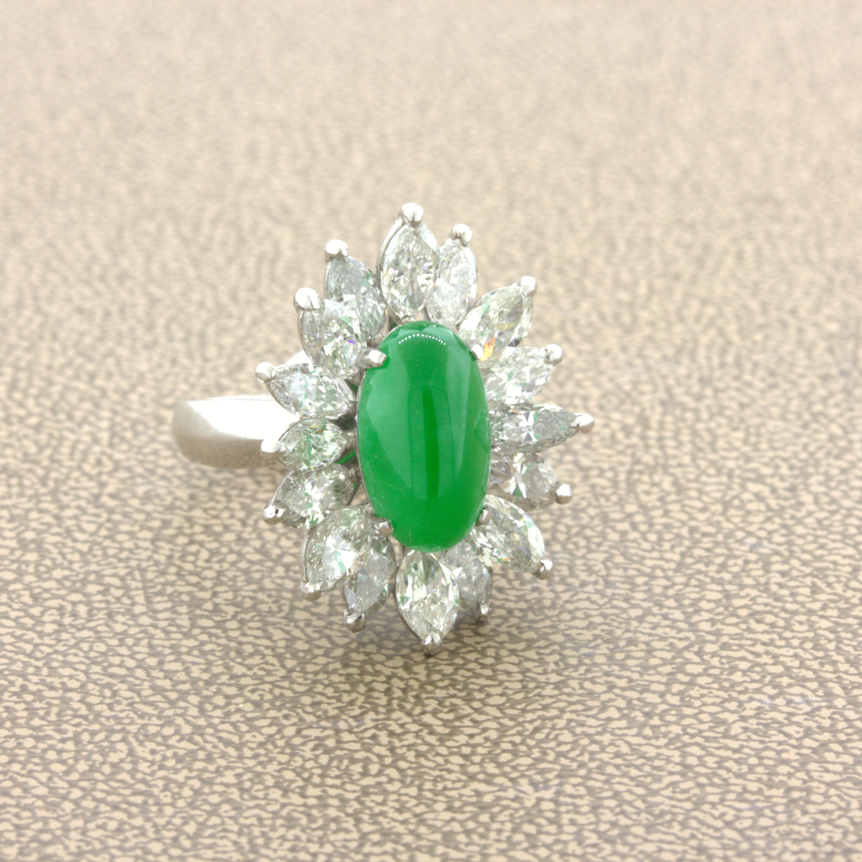 4.13 Carat Jadeite Jade Diamond Sunburst Platinum Ring, GIA Certified “Type A” In New Condition For Sale In Beverly Hills, CA