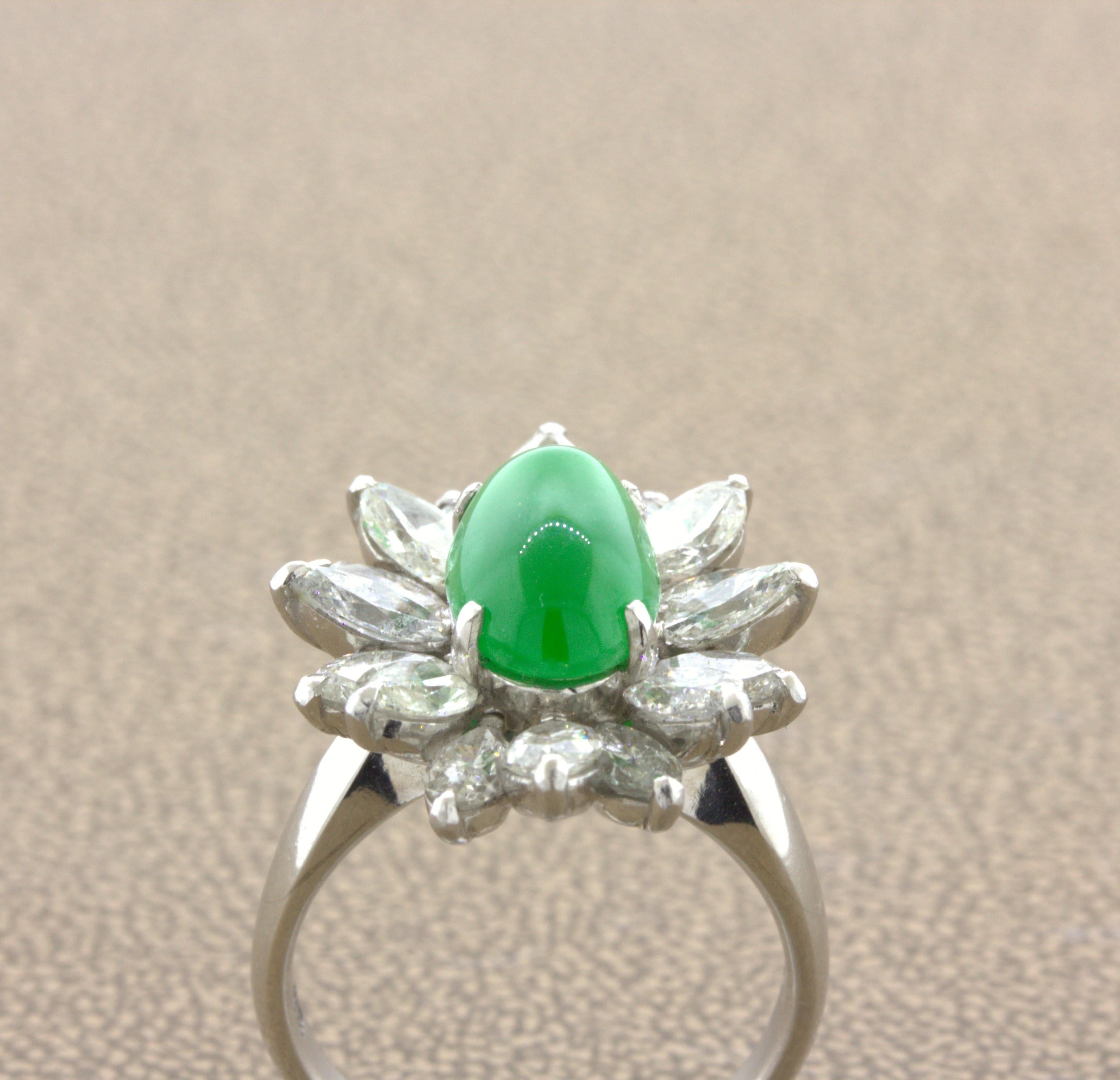 Women's 4.13 Carat Jadeite Jade Diamond Sunburst Platinum Ring, GIA Certified “Type A” For Sale