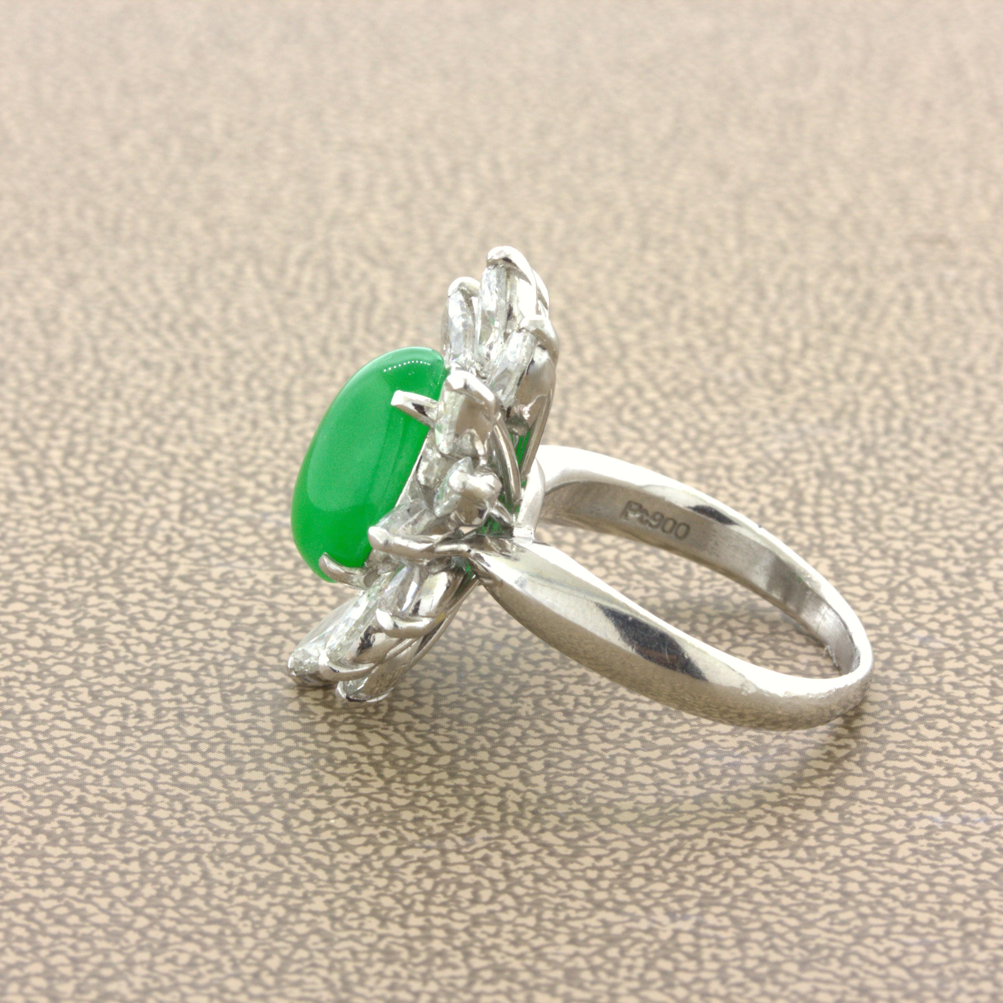 4.13 Carat Jadeite Jade Diamond Sunburst Platinum Ring, GIA Certified “Type A” For Sale 1