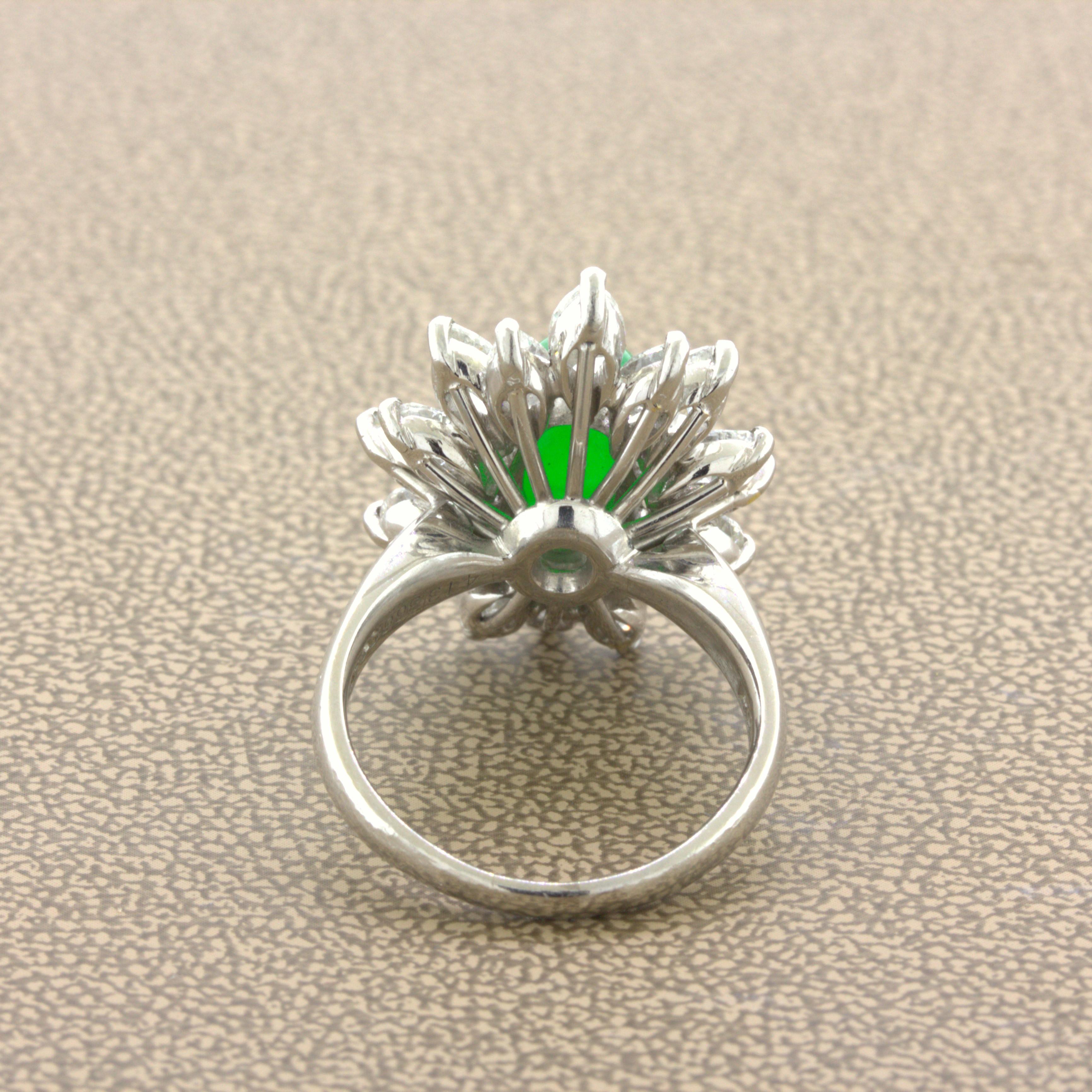 4.13 Carat Jadeite Jade Diamond Sunburst Platinum Ring, GIA Certified “Type A” For Sale 2