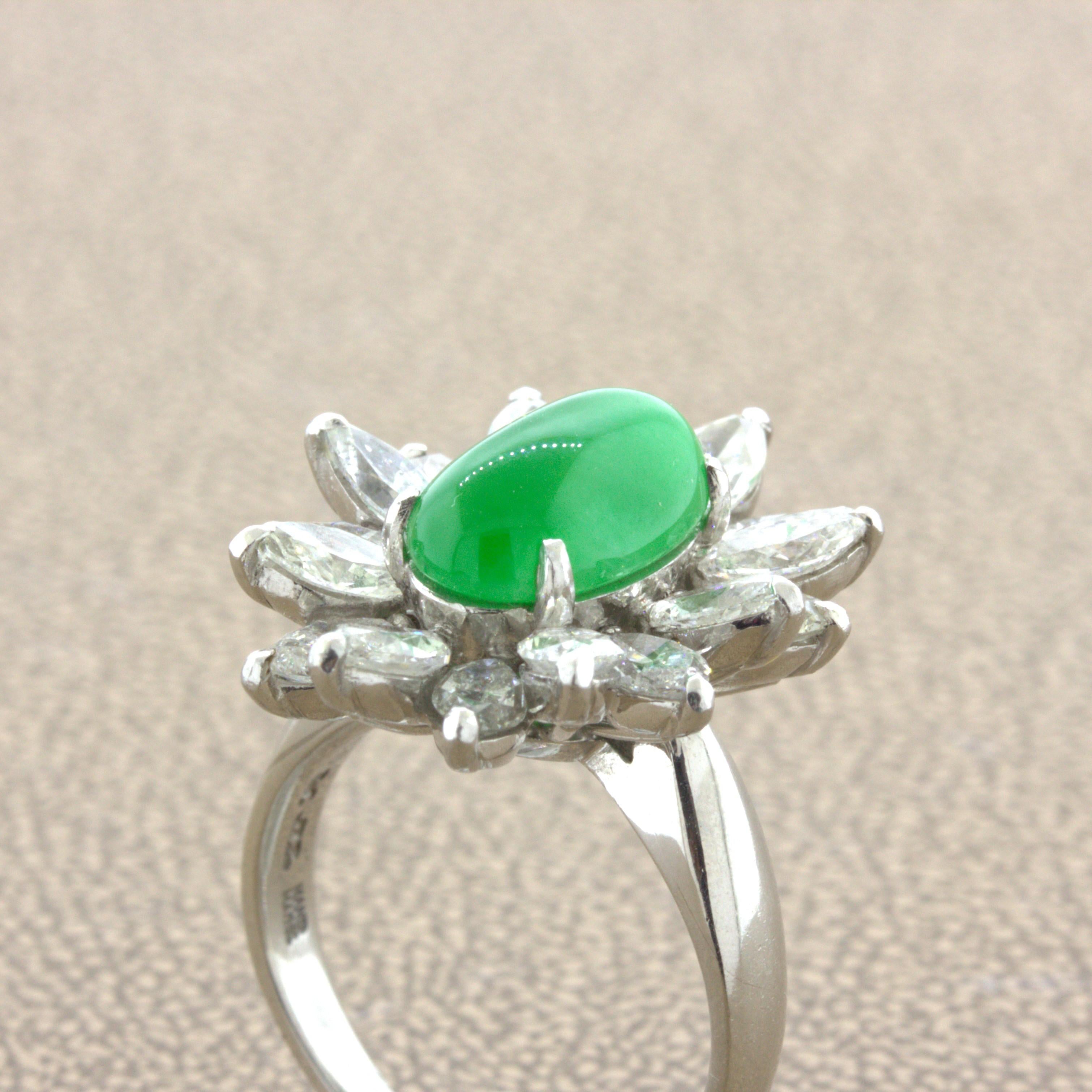 4.13 Carat Jadeite Jade Diamond Sunburst Platinum Ring, GIA Certified “Type A” For Sale 3