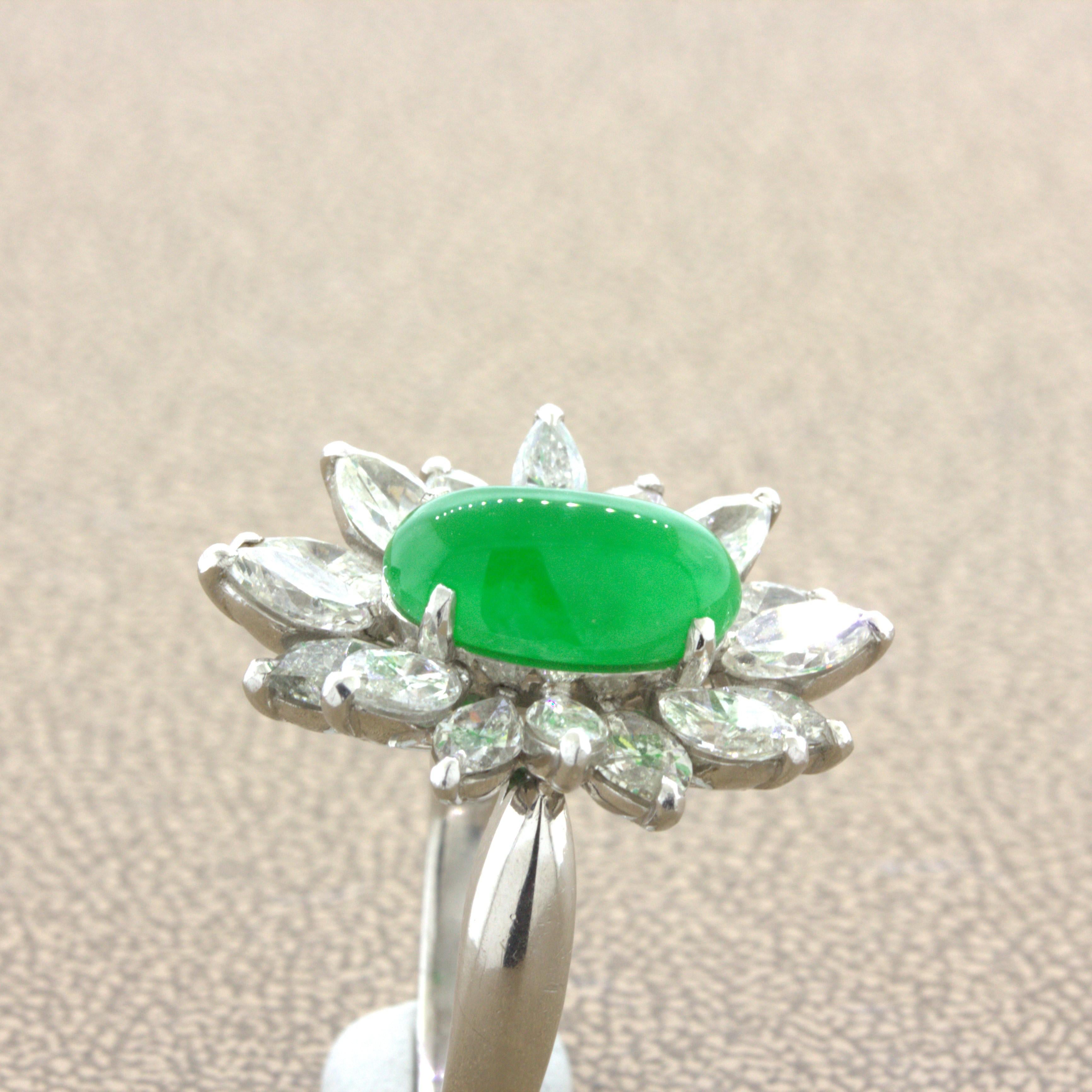 4.13 Carat Jadeite Jade Diamond Sunburst Platinum Ring, GIA Certified “Type A” For Sale 4
