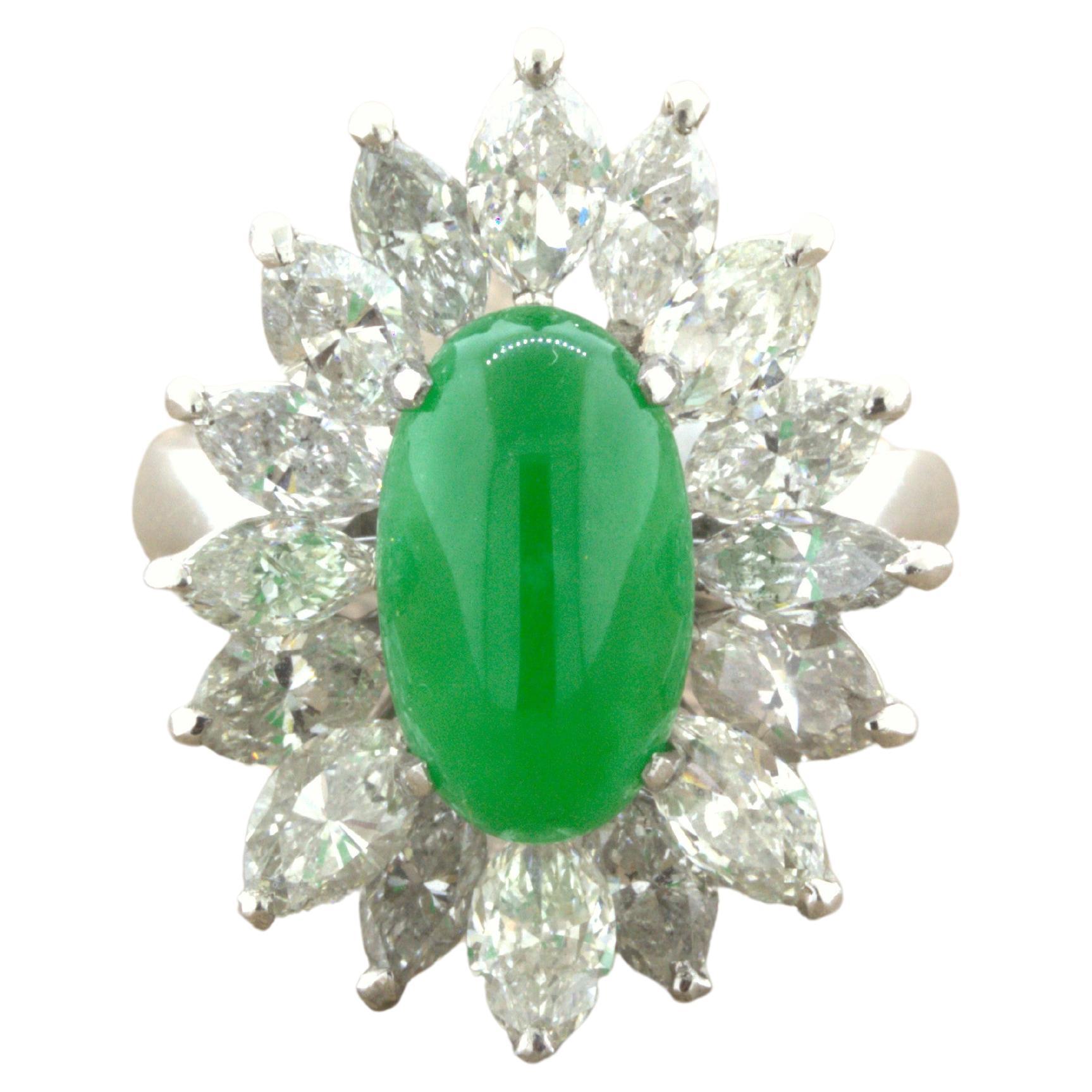 4.13 Carat Jadeite Jade Diamond Sunburst Platinum Ring, GIA Certified “Type A”