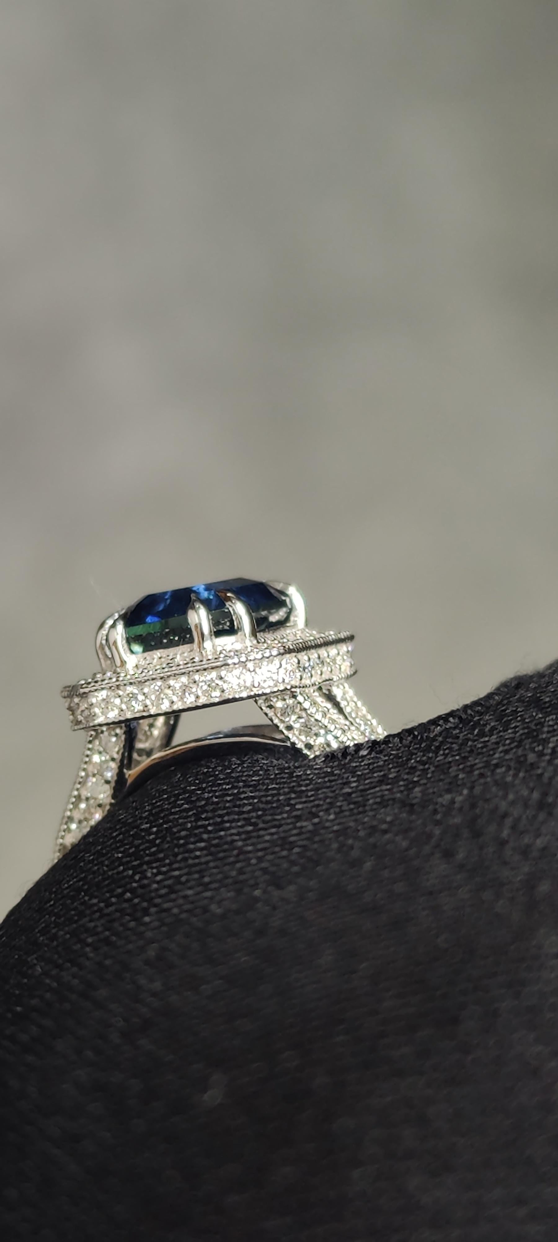 4.13 Carat No-Heat Sapphire and Diamond Ring in 18K White Gold For Sale 8