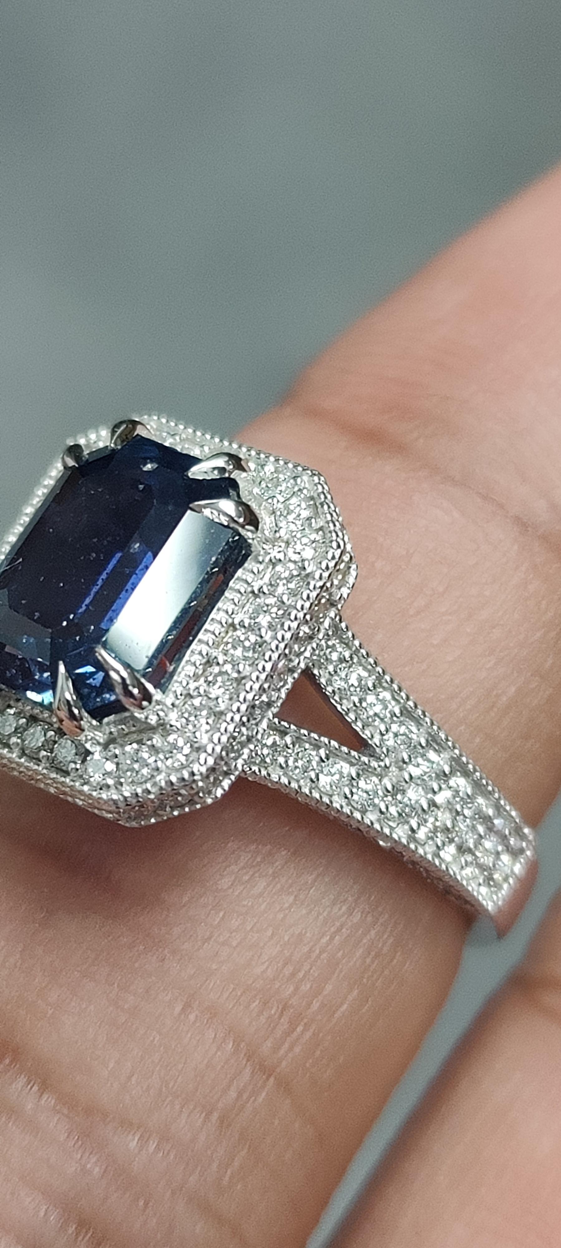 Emerald Cut 4.13 Carat No-Heat Sapphire and Diamond Ring in 18K White Gold For Sale