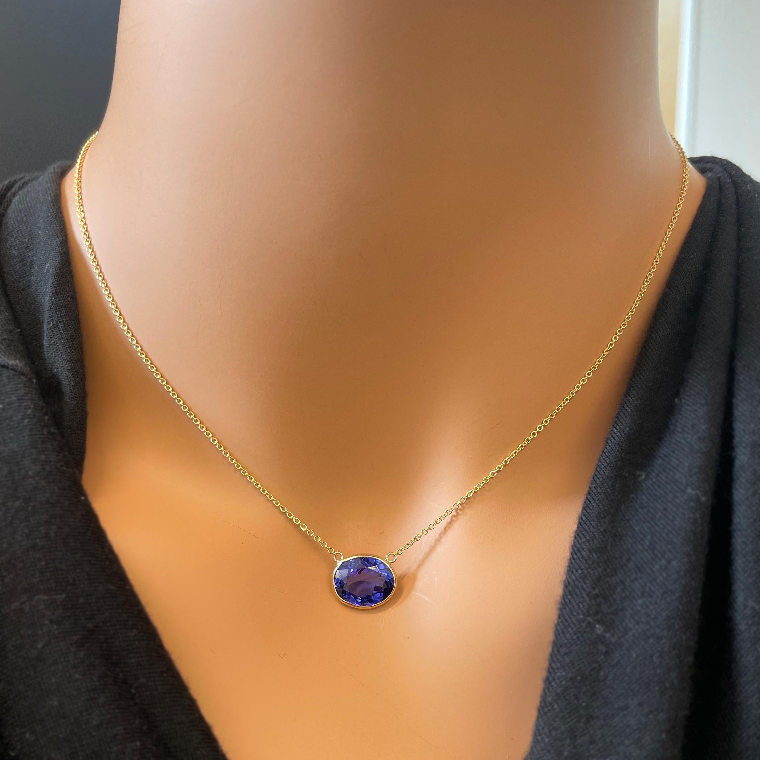Oval Cut 4.13 Carat Oval Blue Tanzanite Fashion Necklaces In 14k Yellow Gold  For Sale