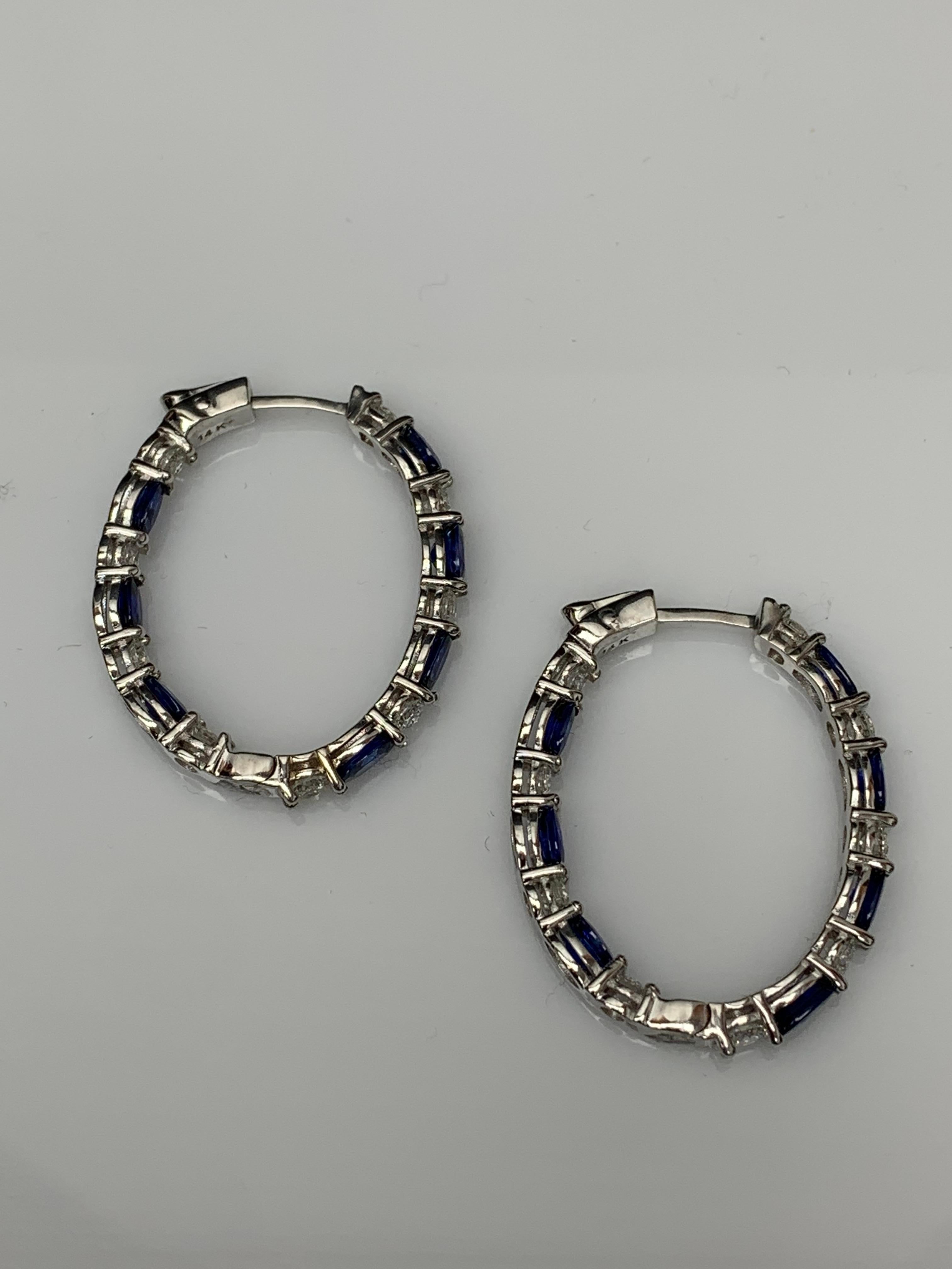 4.13 Carat Oval Cut Blue Sapphire Diamond Hoop Earrings in 14K White Gold For Sale 5