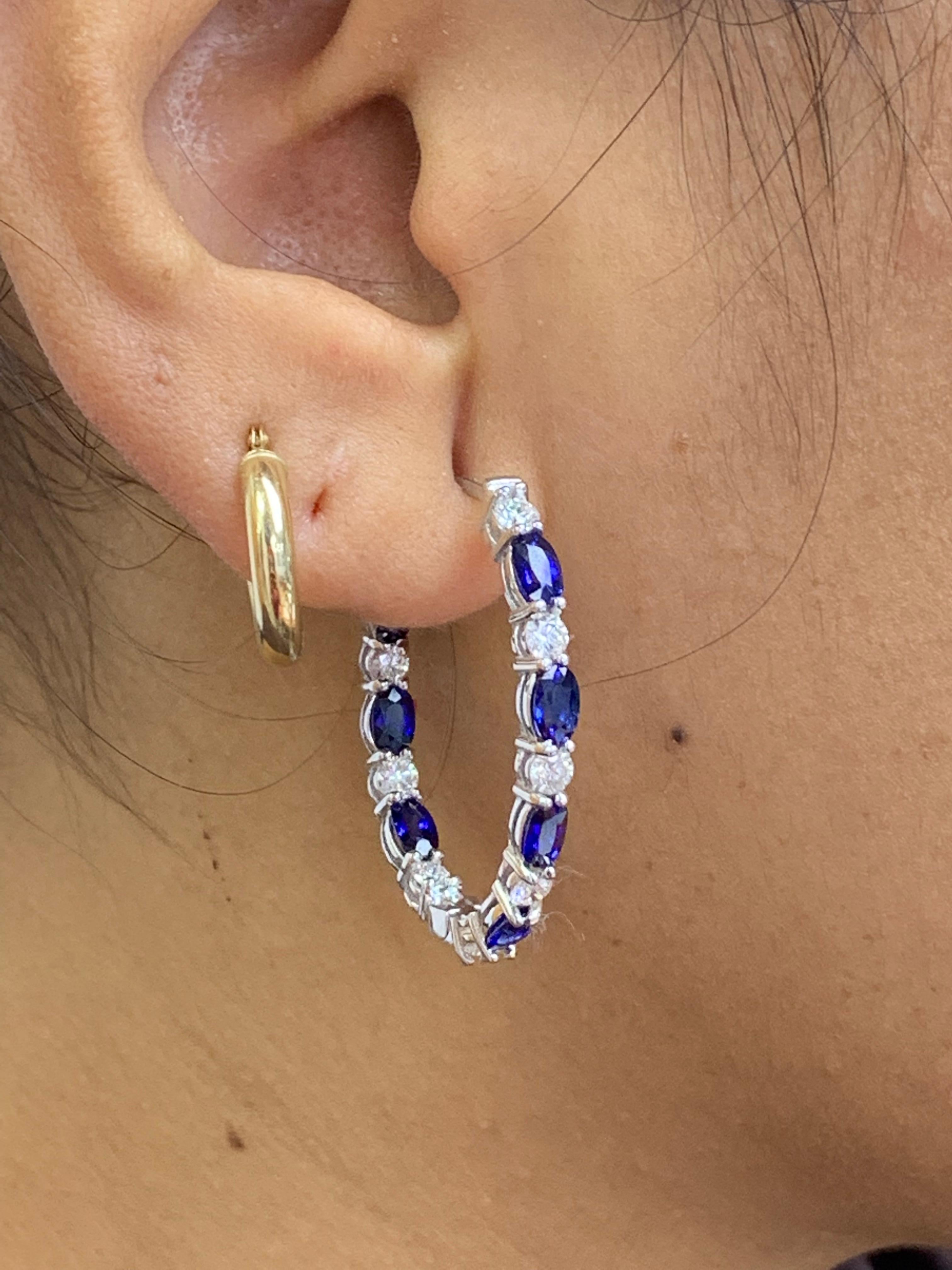 4.13 Carat Oval Cut Blue Sapphire Diamond Hoop Earrings in 14K White Gold For Sale 7