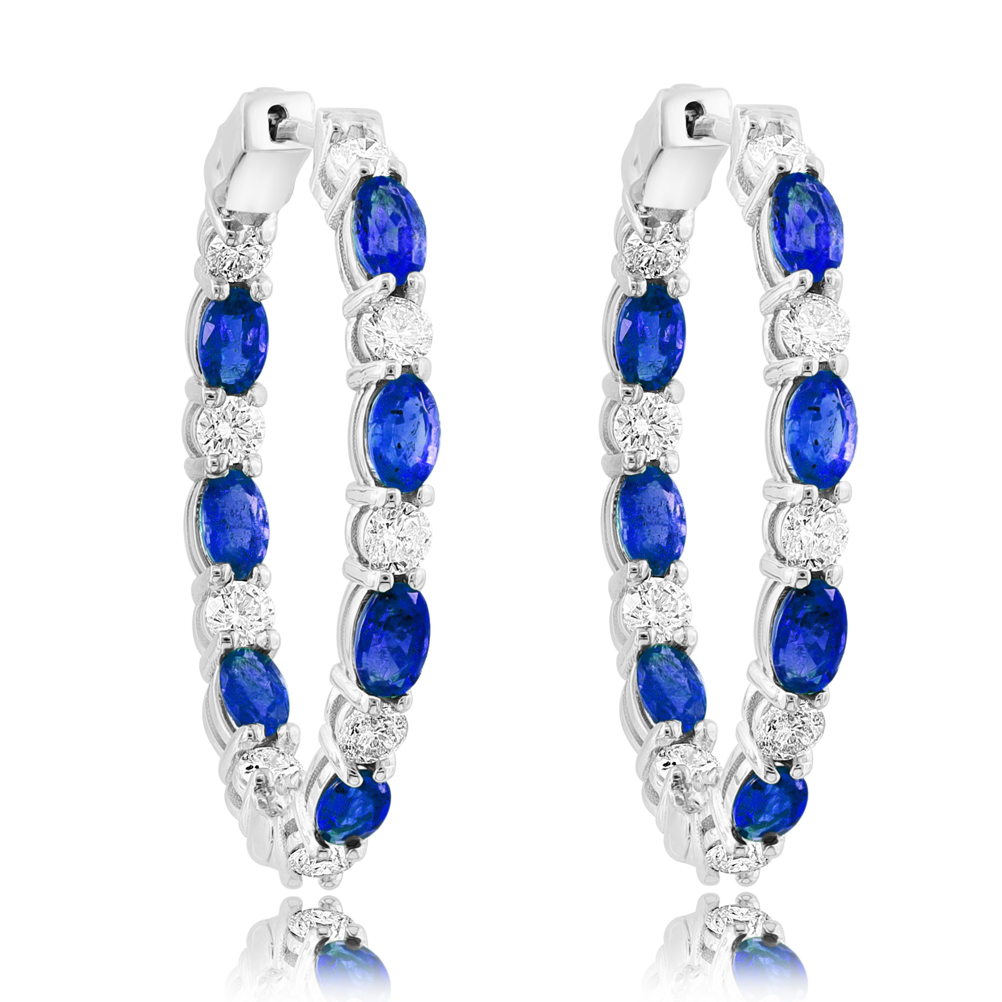 Contemporary 4.13 Carat Oval Cut Blue Sapphire Diamond Hoop Earrings in 14K White Gold For Sale