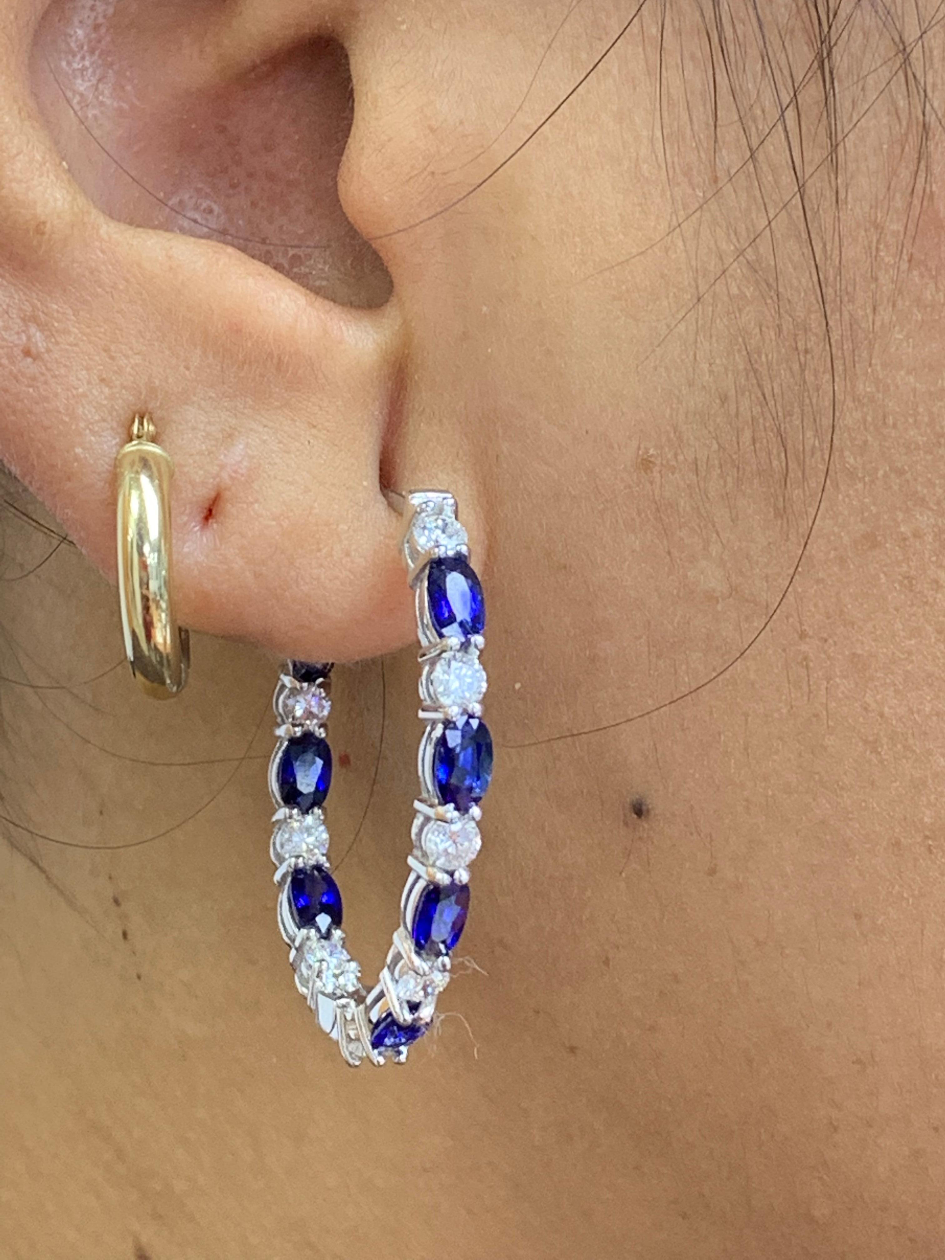 4.13 Carat Oval Cut Blue Sapphire Diamond Hoop Earrings in 14K White Gold In New Condition For Sale In NEW YORK, NY