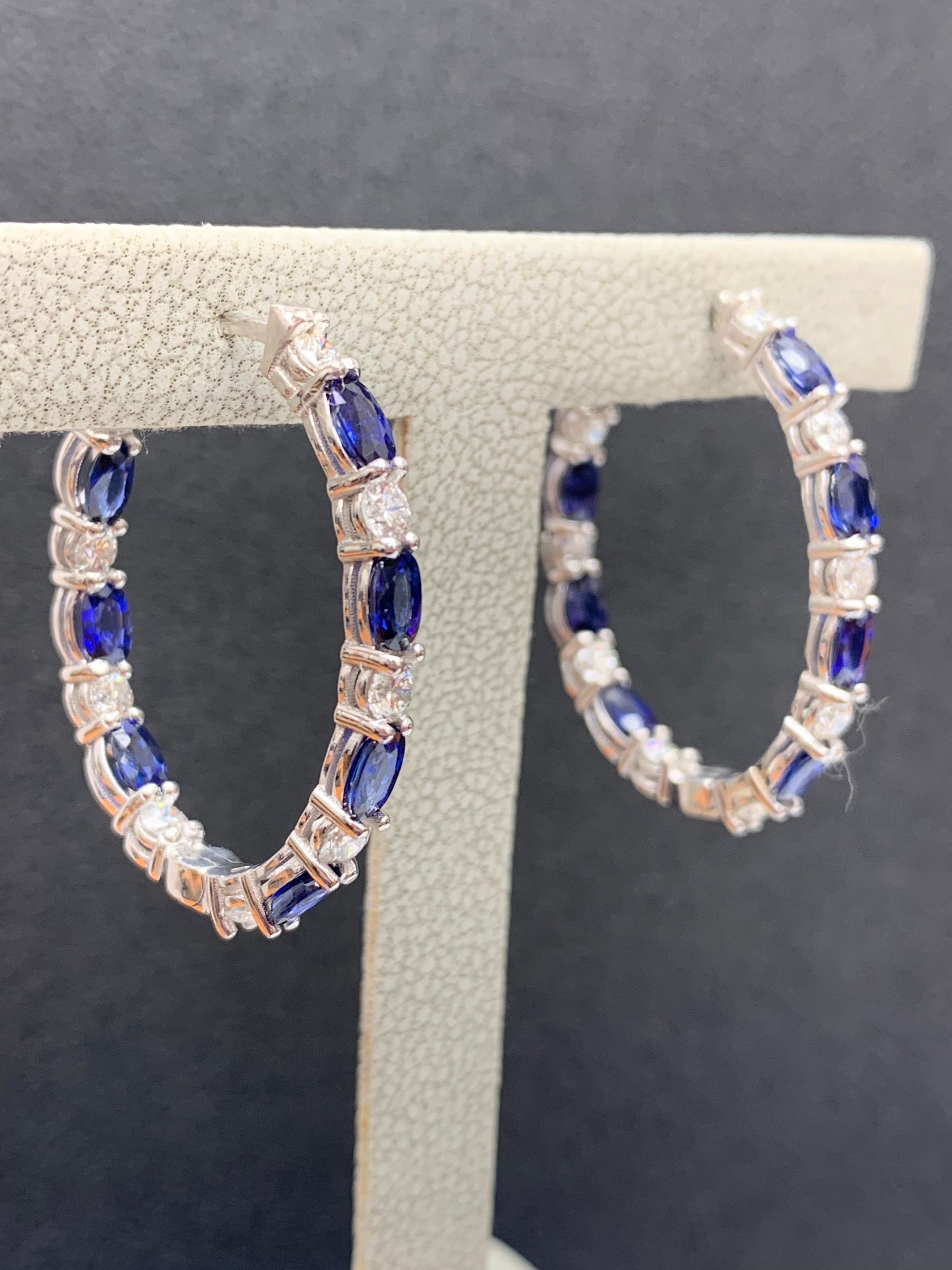 4.13 Carat Oval Cut Blue Sapphire Diamond Hoop Earrings in 14K White Gold For Sale 1