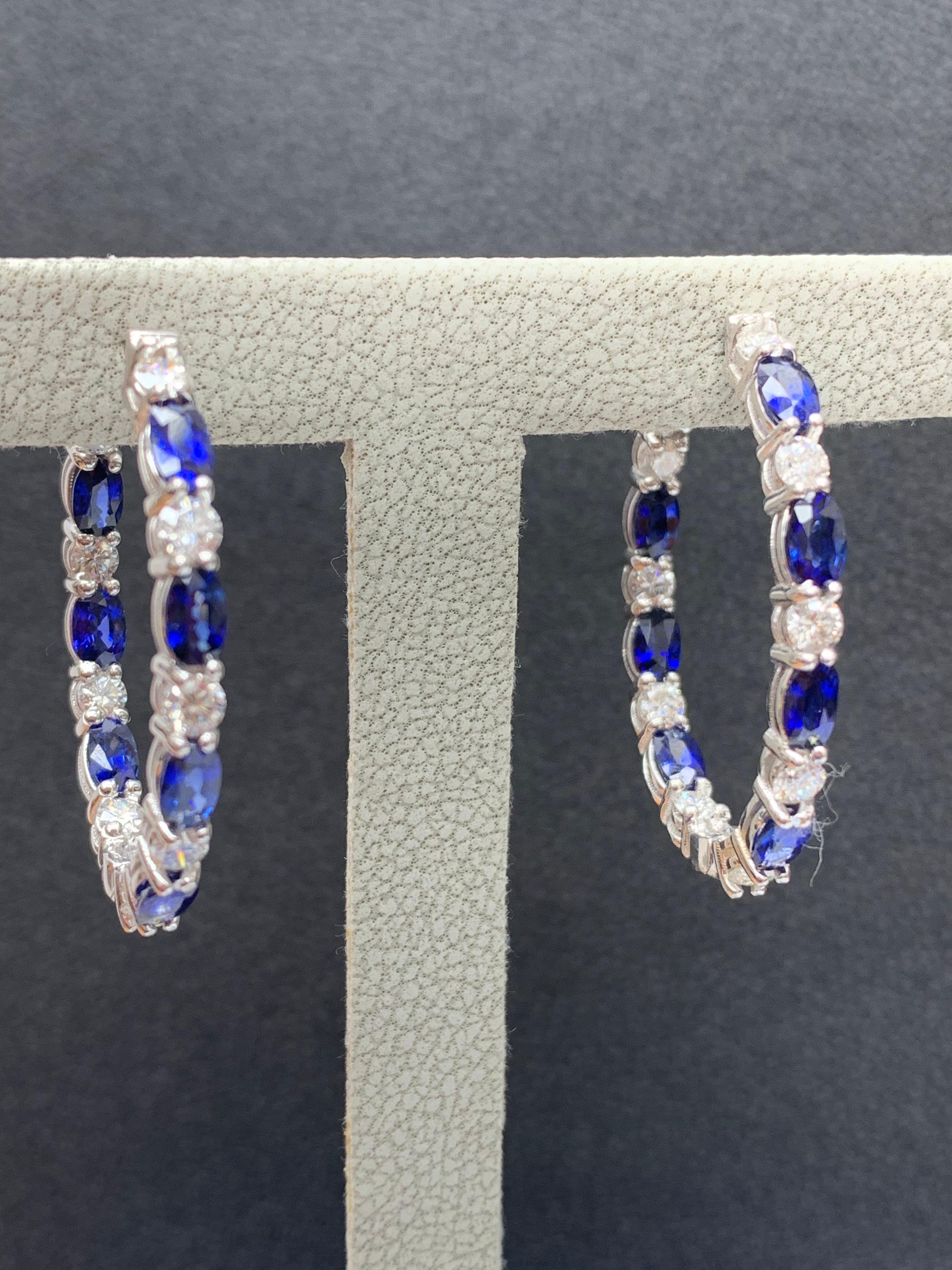4.13 Carat Oval Cut Blue Sapphire Diamond Hoop Earrings in 14K White Gold For Sale 2