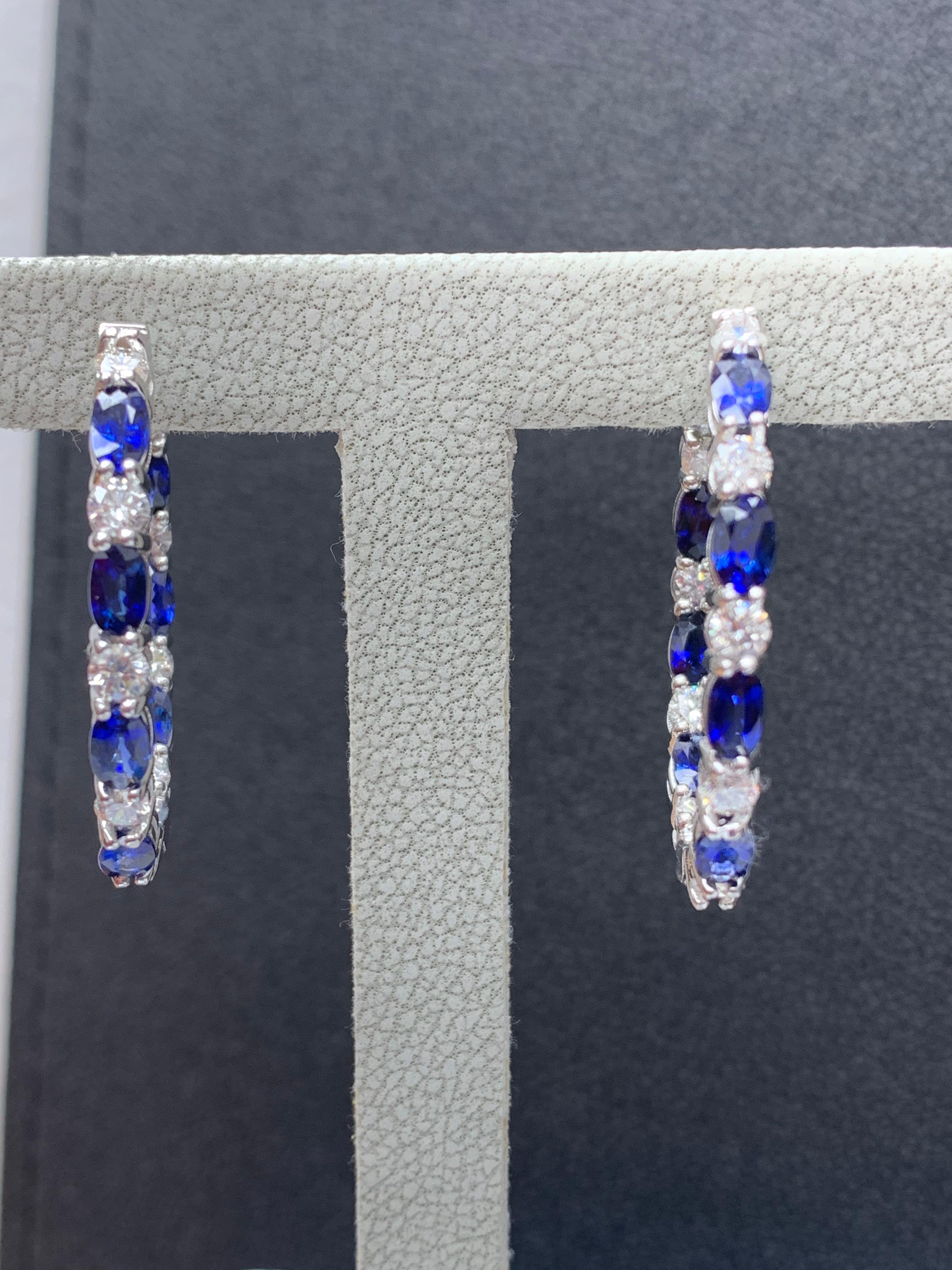 4.13 Carat Oval Cut Blue Sapphire Diamond Hoop Earrings in 14K White Gold For Sale 3