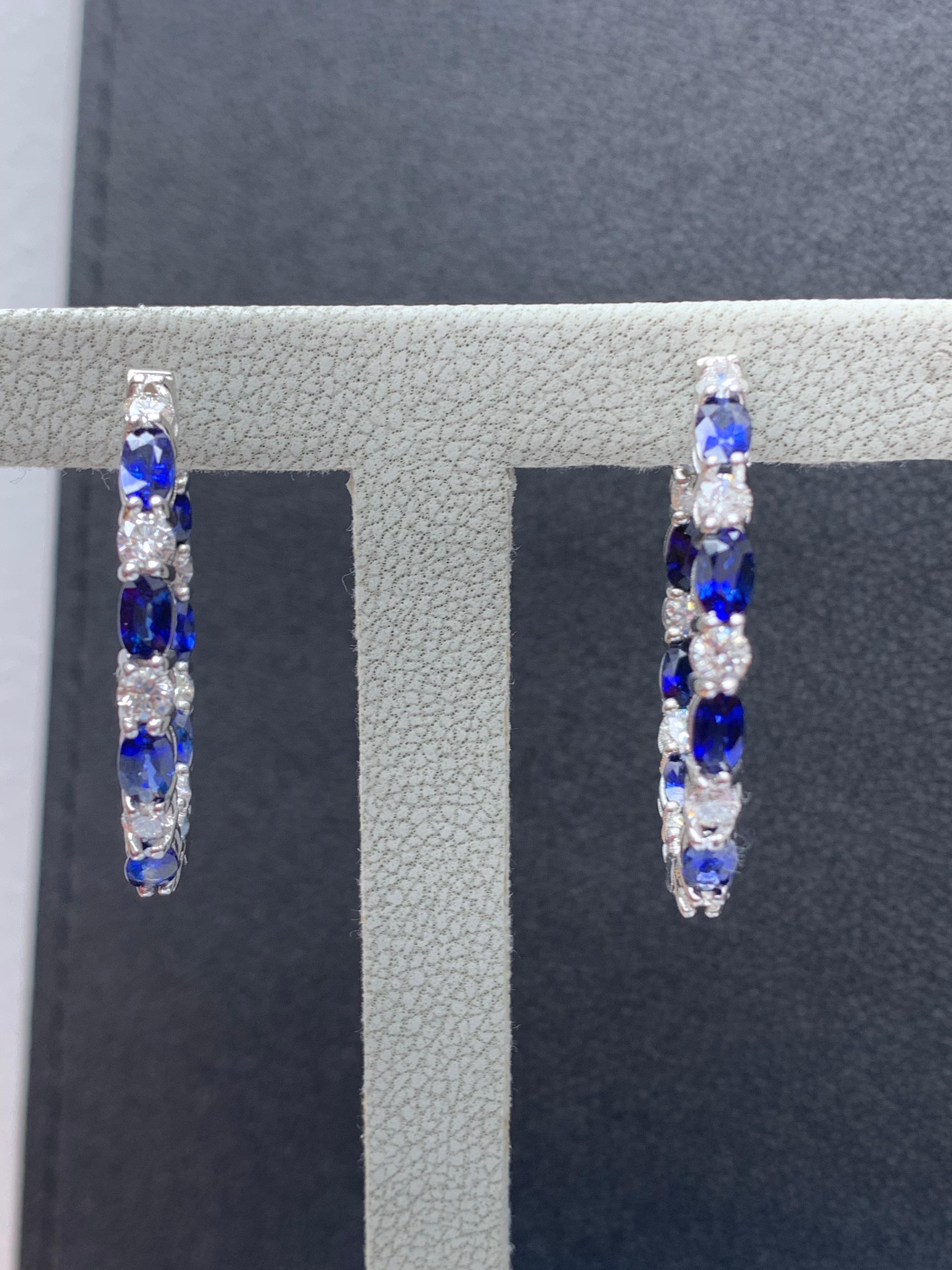 4.13 Carat Oval Cut Blue Sapphire Diamond Hoop Earrings in 14K White Gold For Sale 4