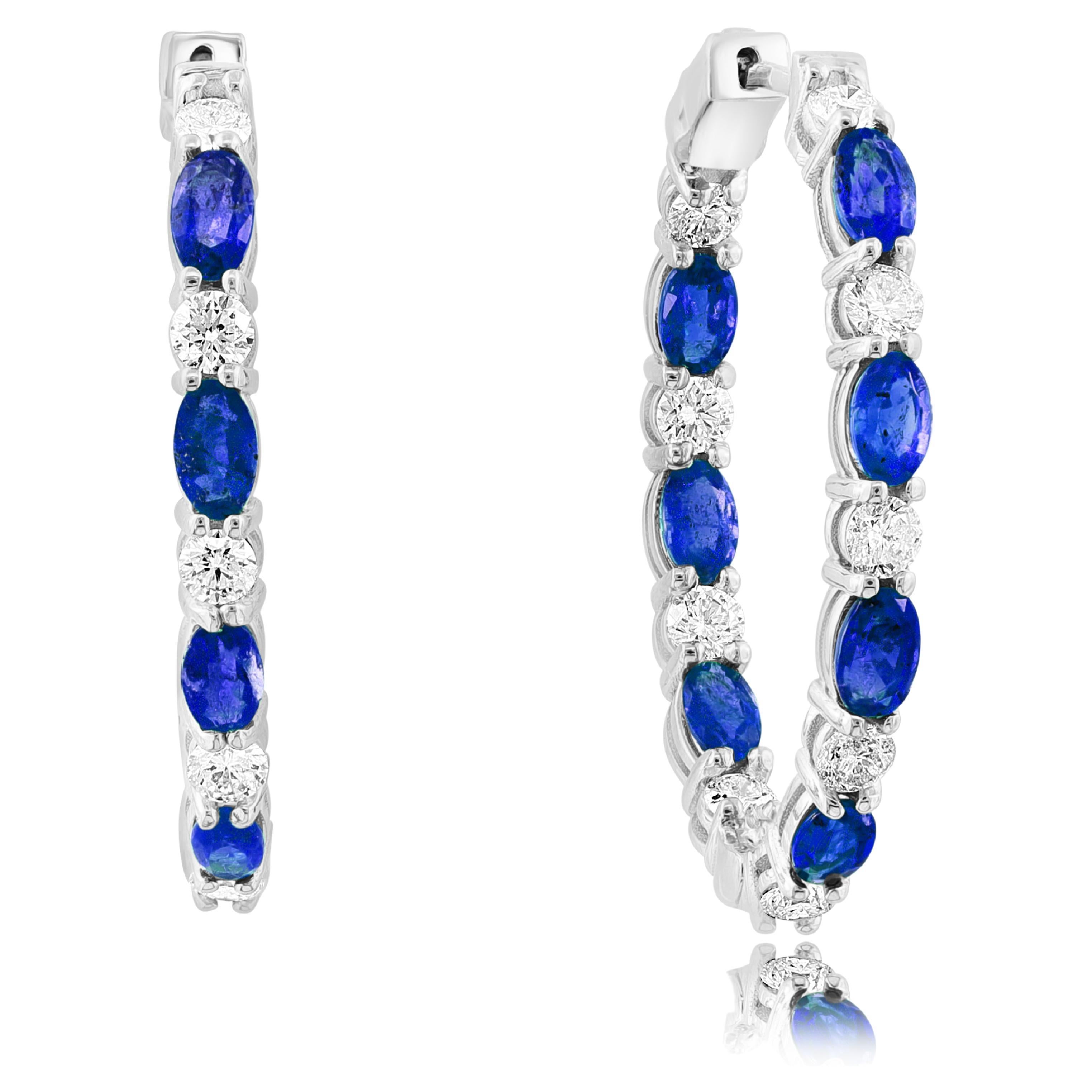 4.13 Carat Oval Cut Blue Sapphire Diamond Hoop Earrings in 14K White Gold For Sale