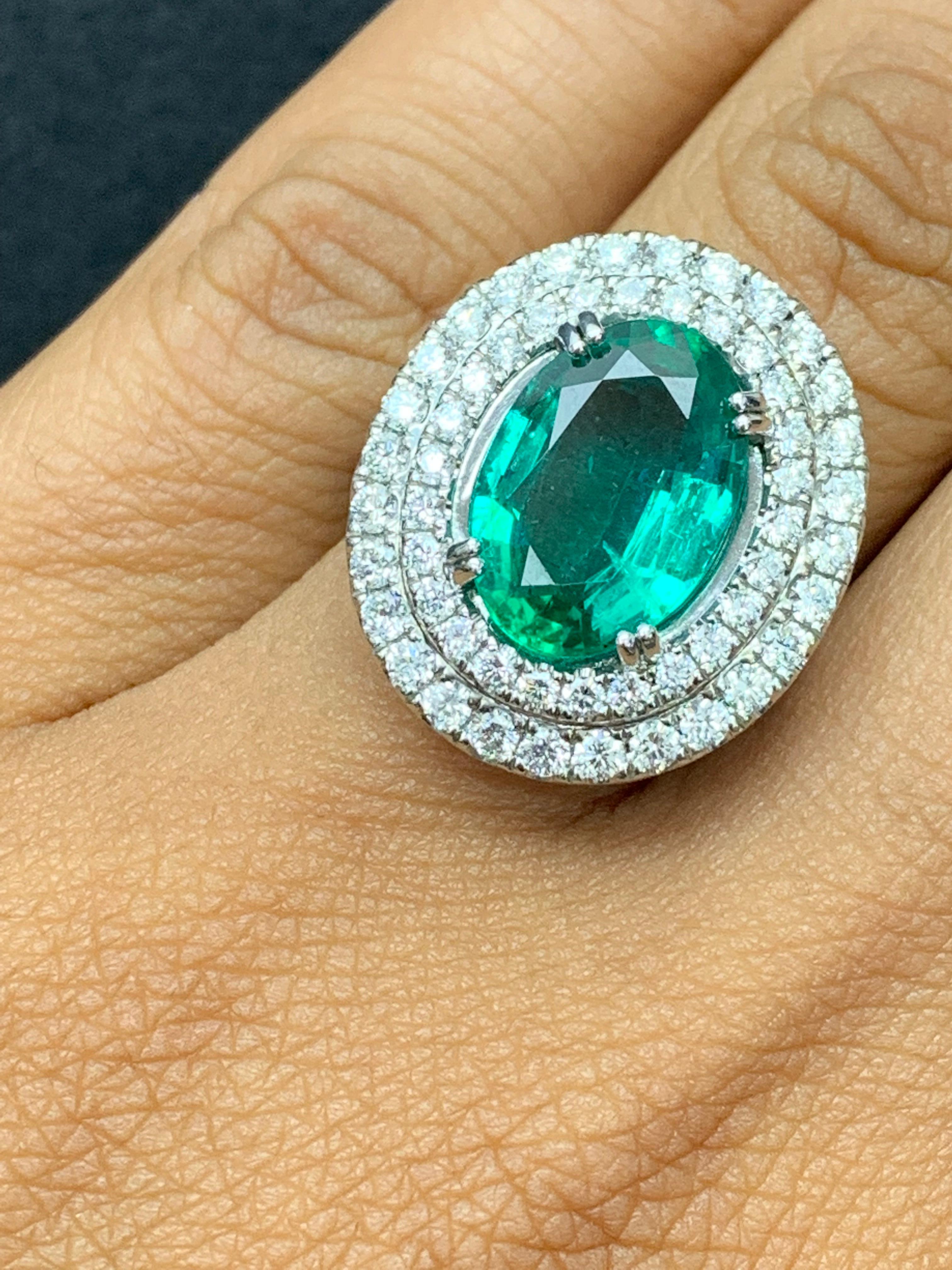 4.13 Carat Oval Cut Emerald and Diamond Engagement Ring in 18K White Gold For Sale 4