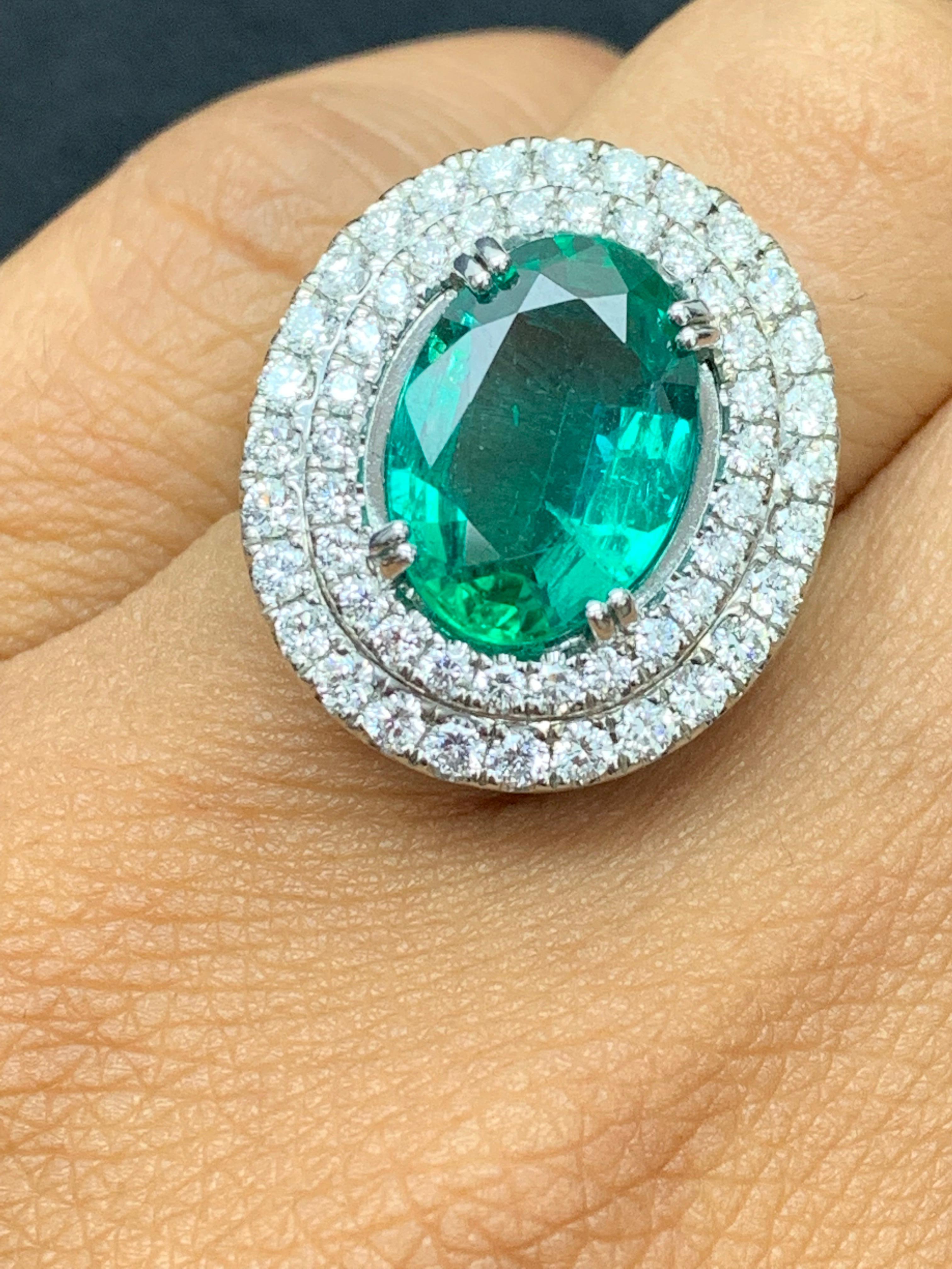 4.13 Carat Oval Cut Emerald and Diamond Engagement Ring in 18K White Gold For Sale 5