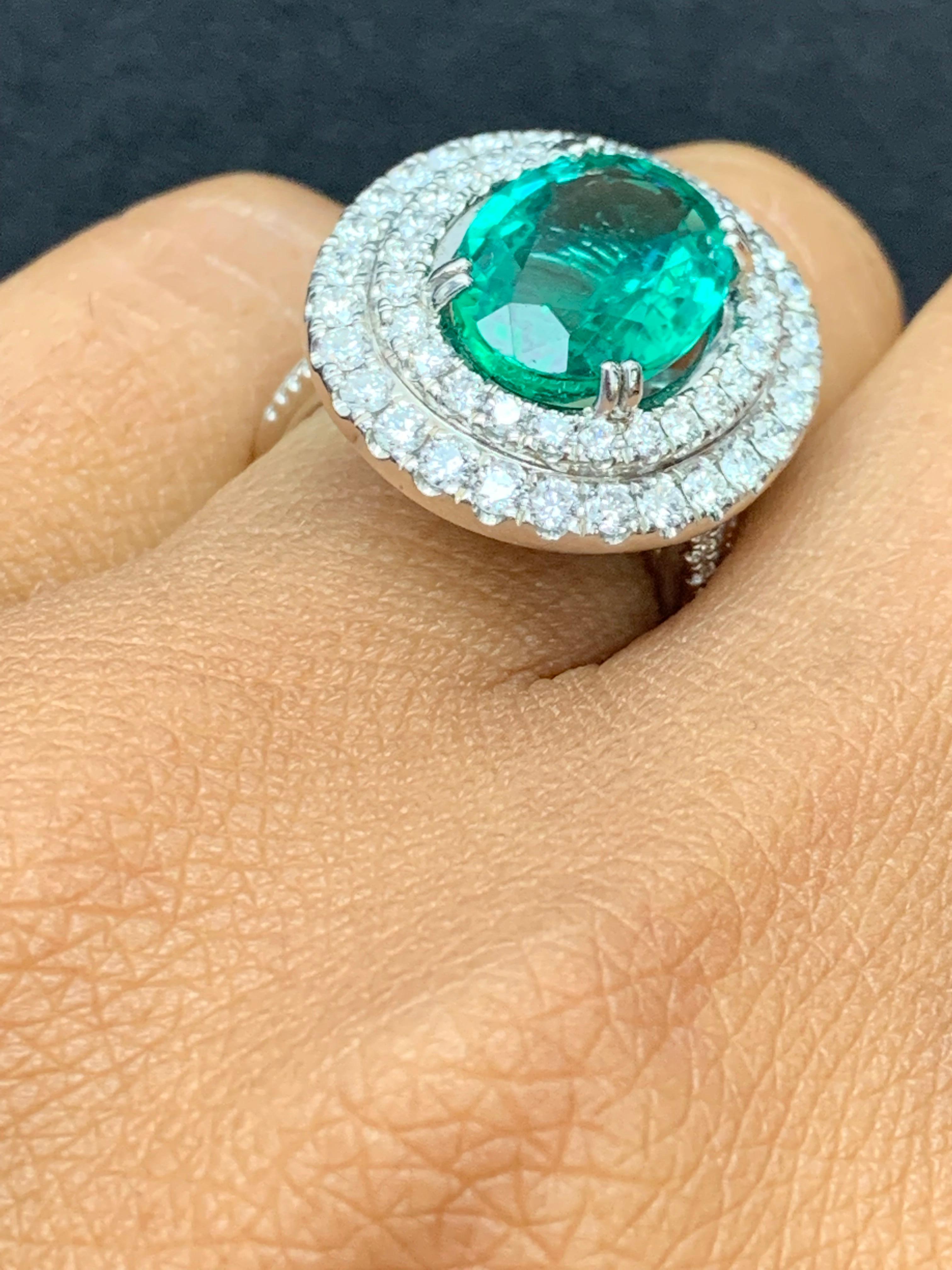 4.13 Carat Oval Cut Emerald and Diamond Engagement Ring in 18K White Gold For Sale 6