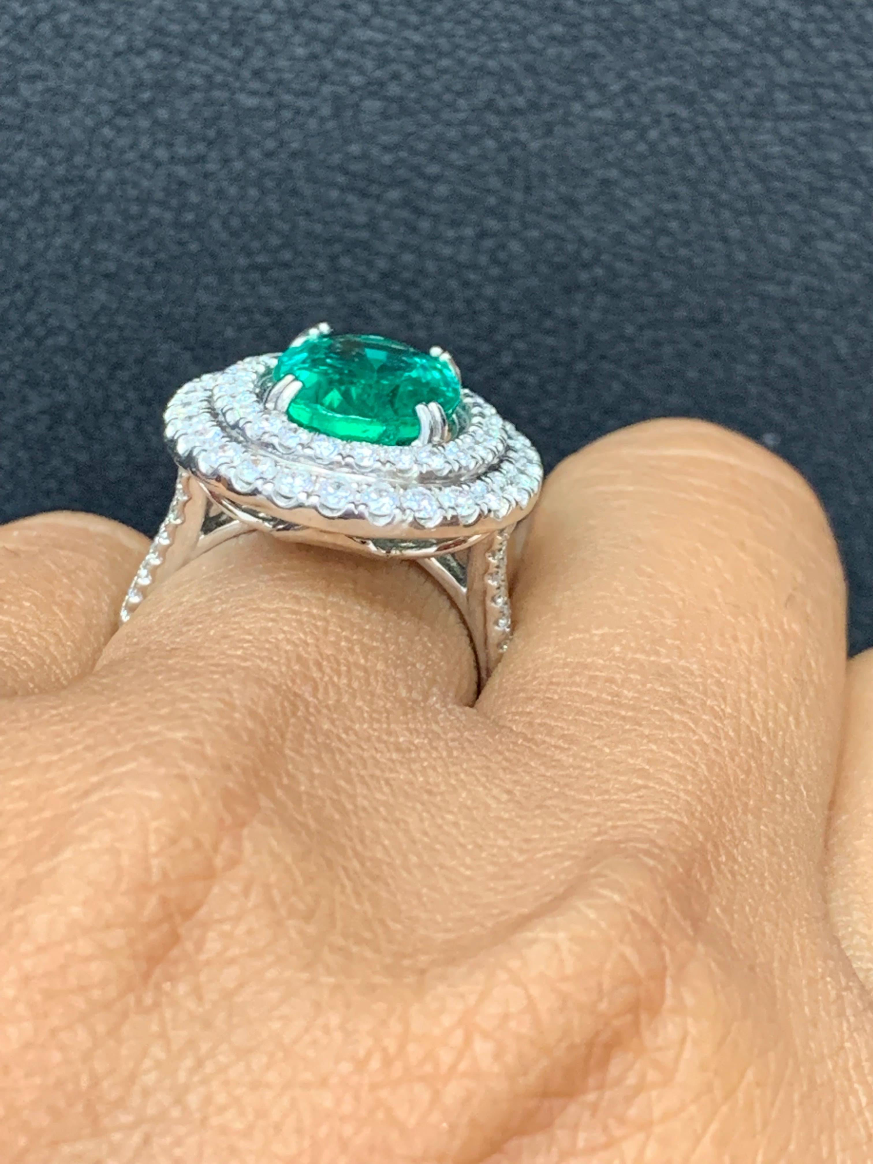 4.13 Carat Oval Cut Emerald and Diamond Engagement Ring in 18K White Gold For Sale 7