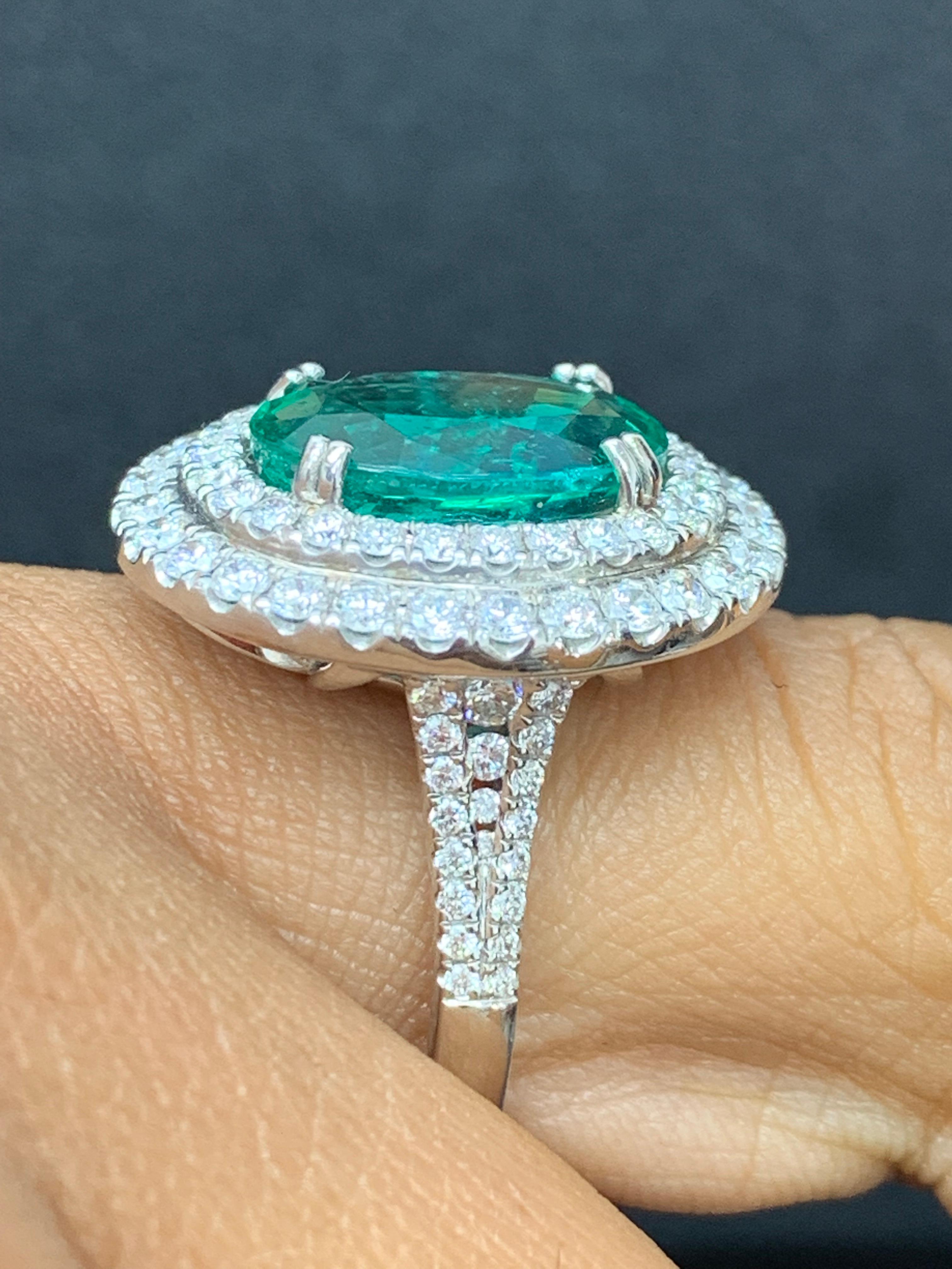 4.13 Carat Oval Cut Emerald and Diamond Engagement Ring in 18K White Gold For Sale 8