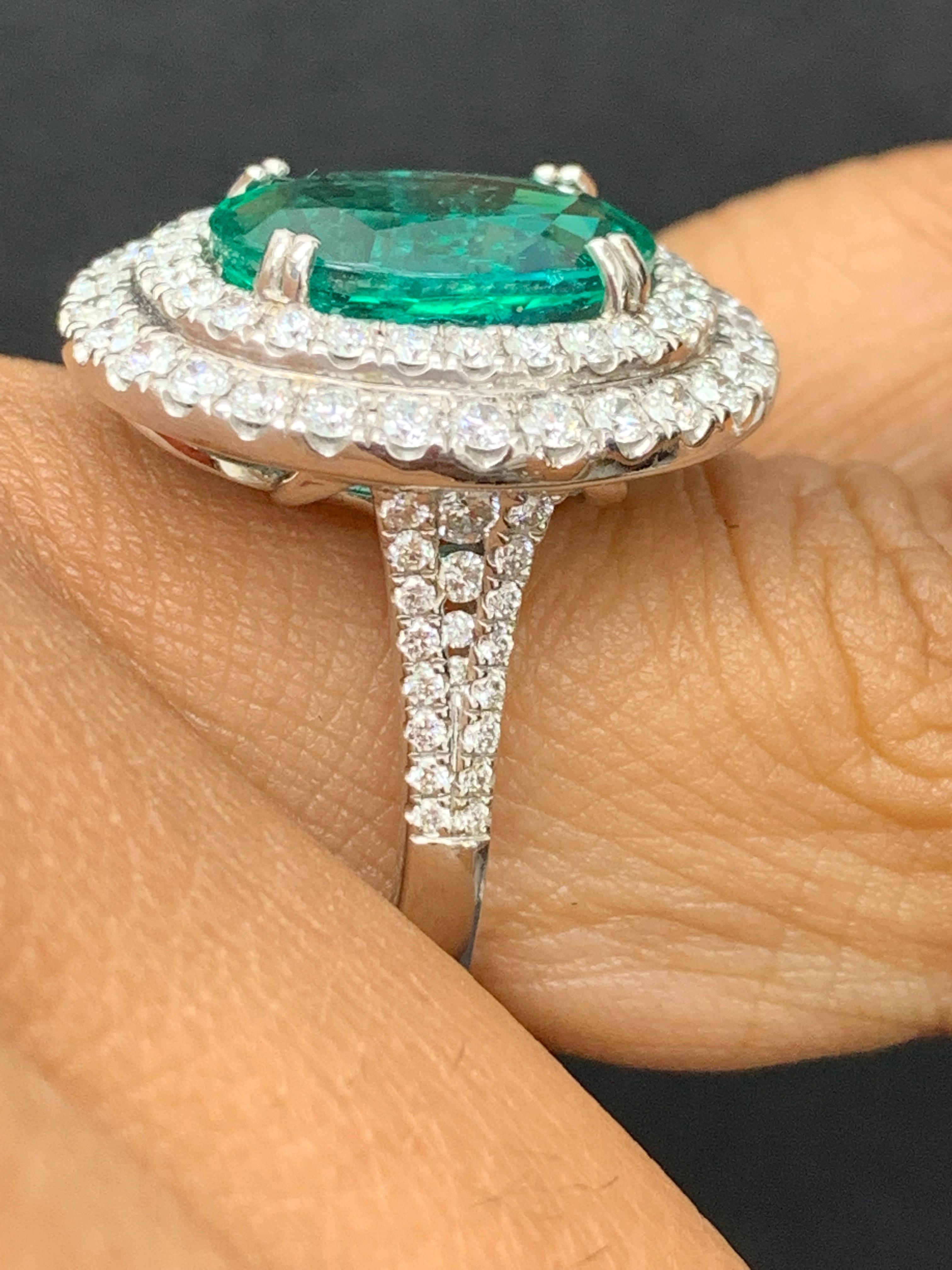 4.13 Carat Oval Cut Emerald and Diamond Engagement Ring in 18K White Gold For Sale 9
