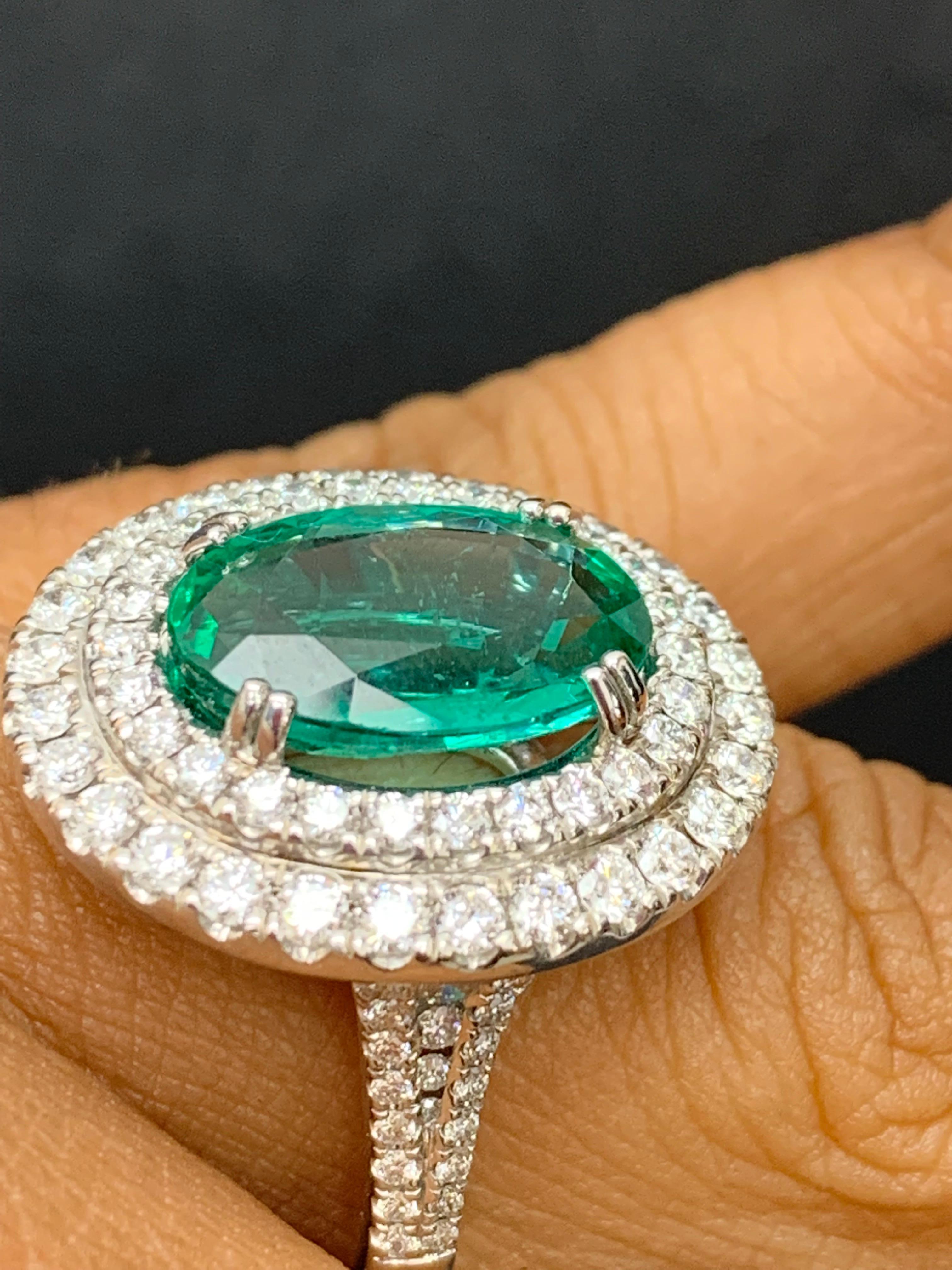 4.13 Carat Oval Cut Emerald and Diamond Engagement Ring in 18K White Gold For Sale 10