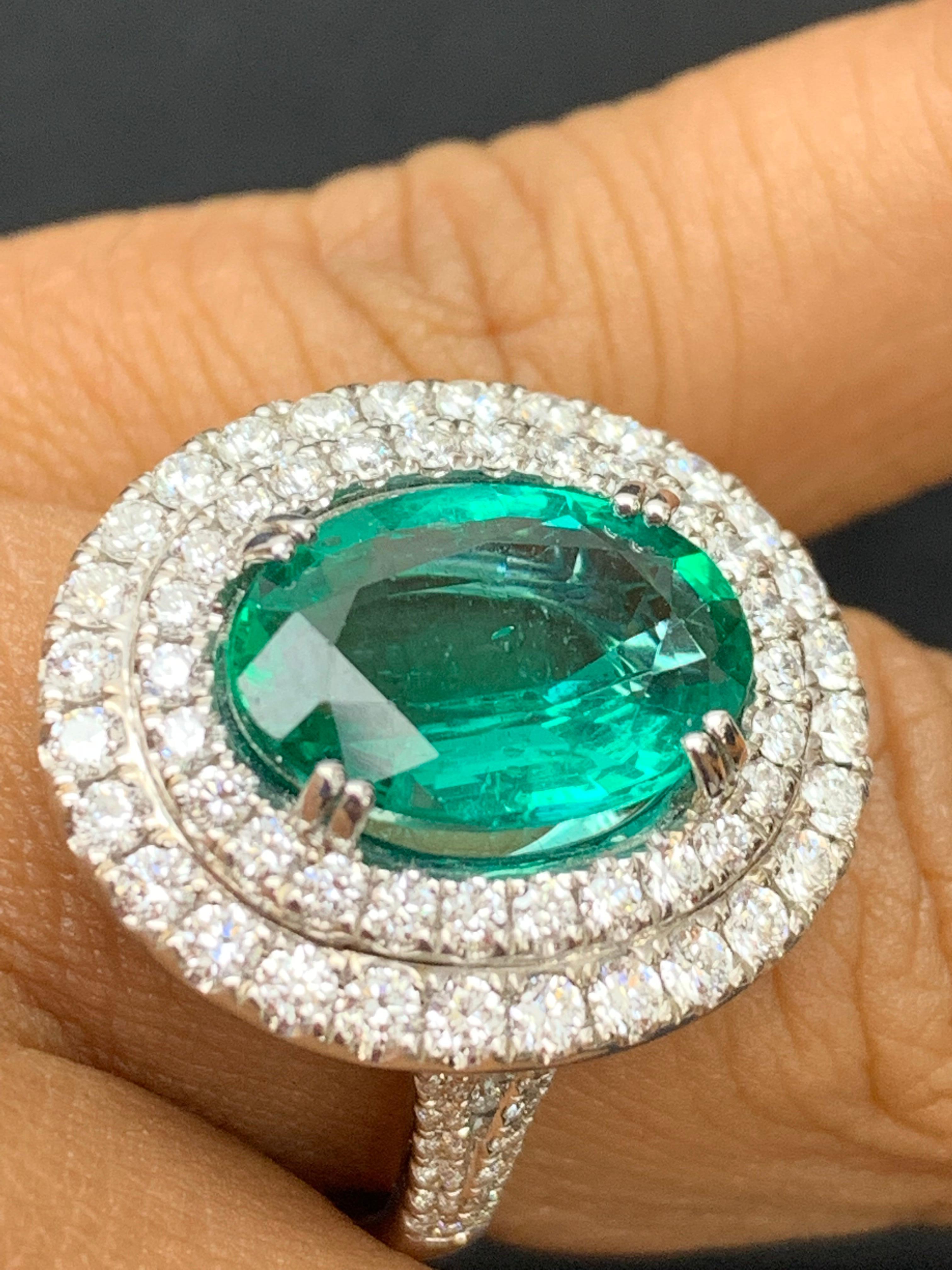 4.13 Carat Oval Cut Emerald and Diamond Engagement Ring in 18K White Gold For Sale 11