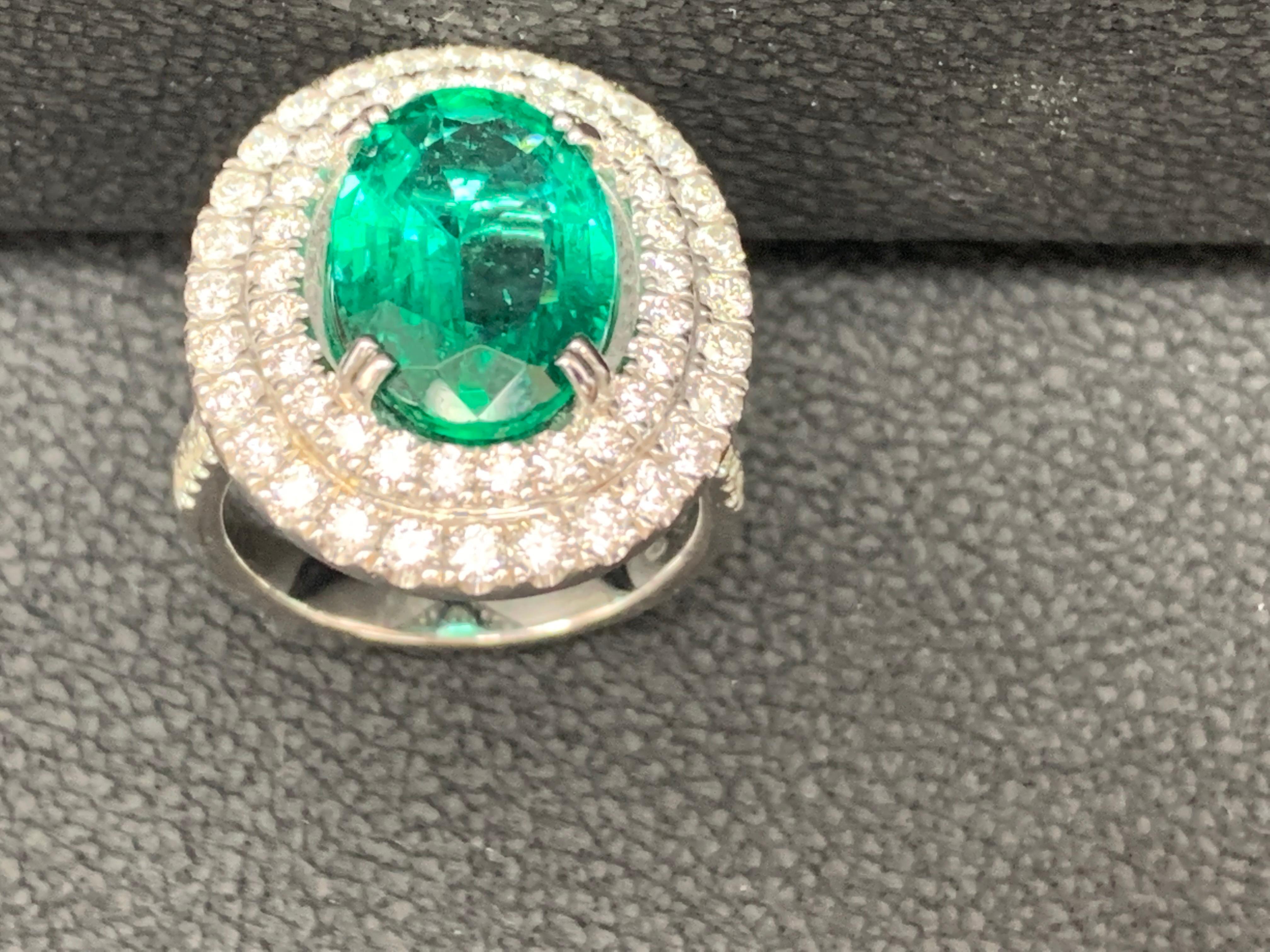 4.13 Carat Oval Cut Emerald and Diamond Engagement Ring in 18K White Gold For Sale 2