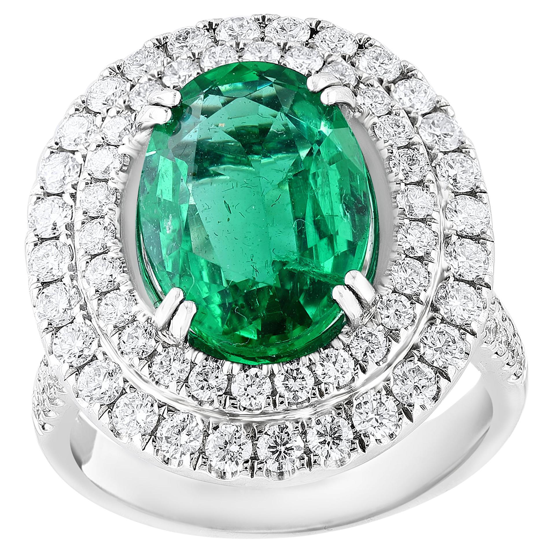 4.13 Carat Oval Cut Emerald and Diamond Engagement Ring in 18K White Gold