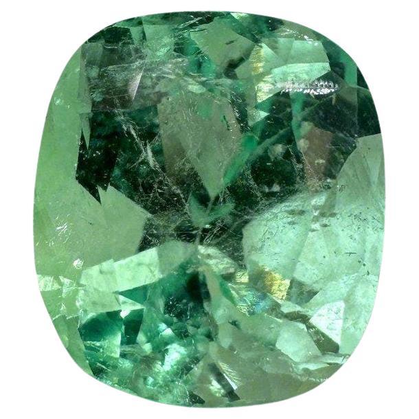 4.13 Carat Pastel Yellowish Green Colombian Emerald - Cushion Cut Genuine Gem For Sale