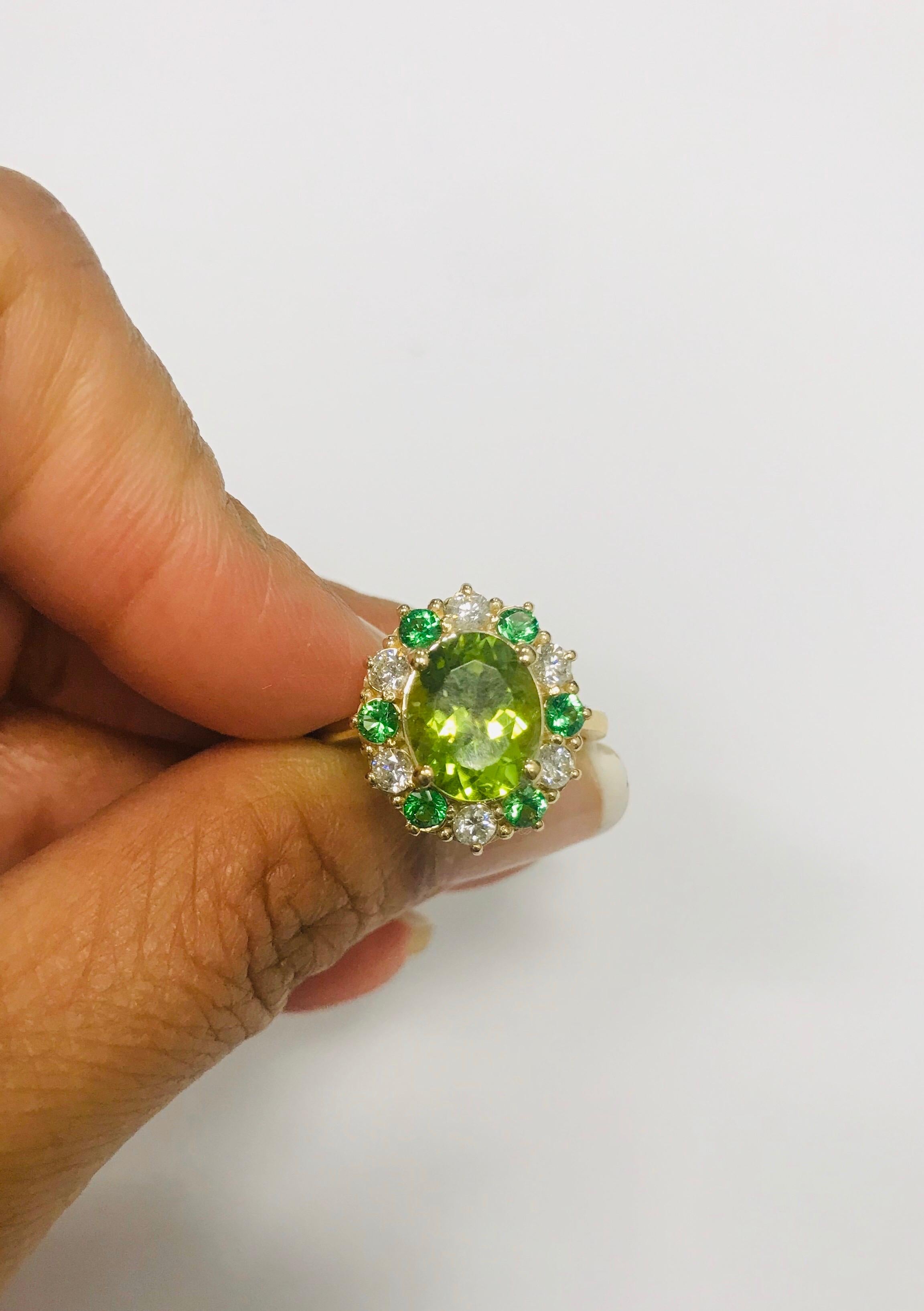 4.13 Carat Peridot Diamond Tsavorite 14 Karat Yellow Gold Engagement Ring 2