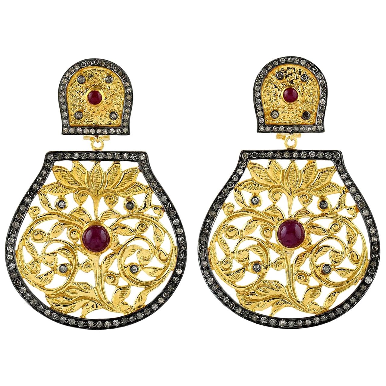 Ruby Diamond 18 Karat Gold Lotus Earrings